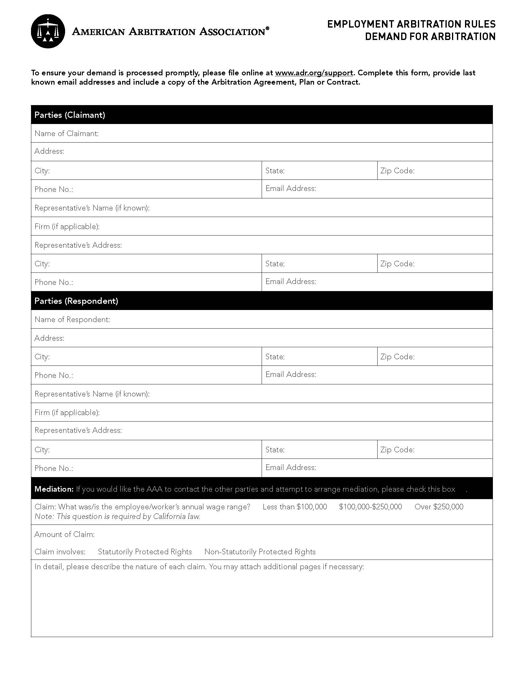 Employment Demand For Arbitration | Pdf Fpdf Docx | Official Federal Forms