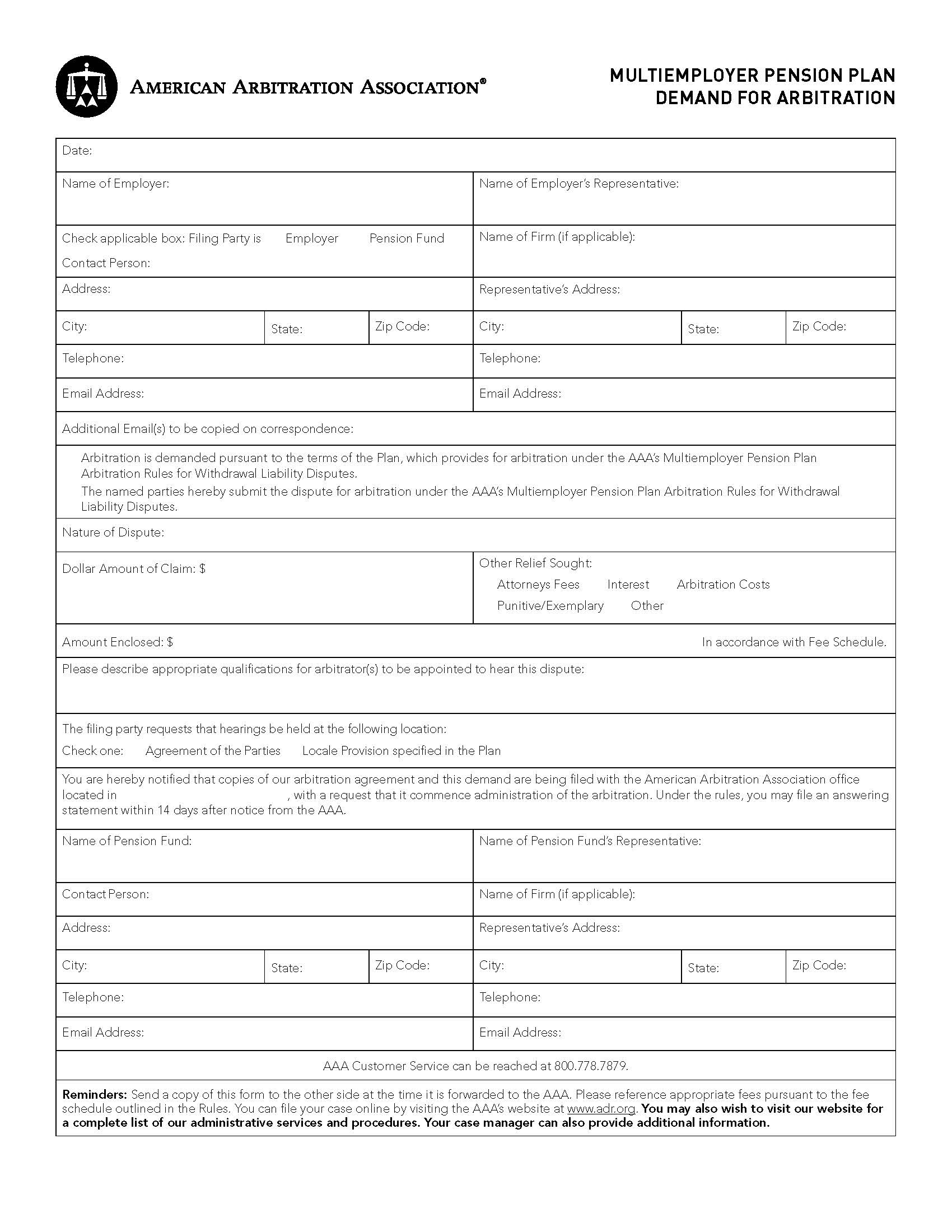 Multiemployer Pension Plan Demand For Arbitration | Pdf Fpdf Docx | Official Federal Forms