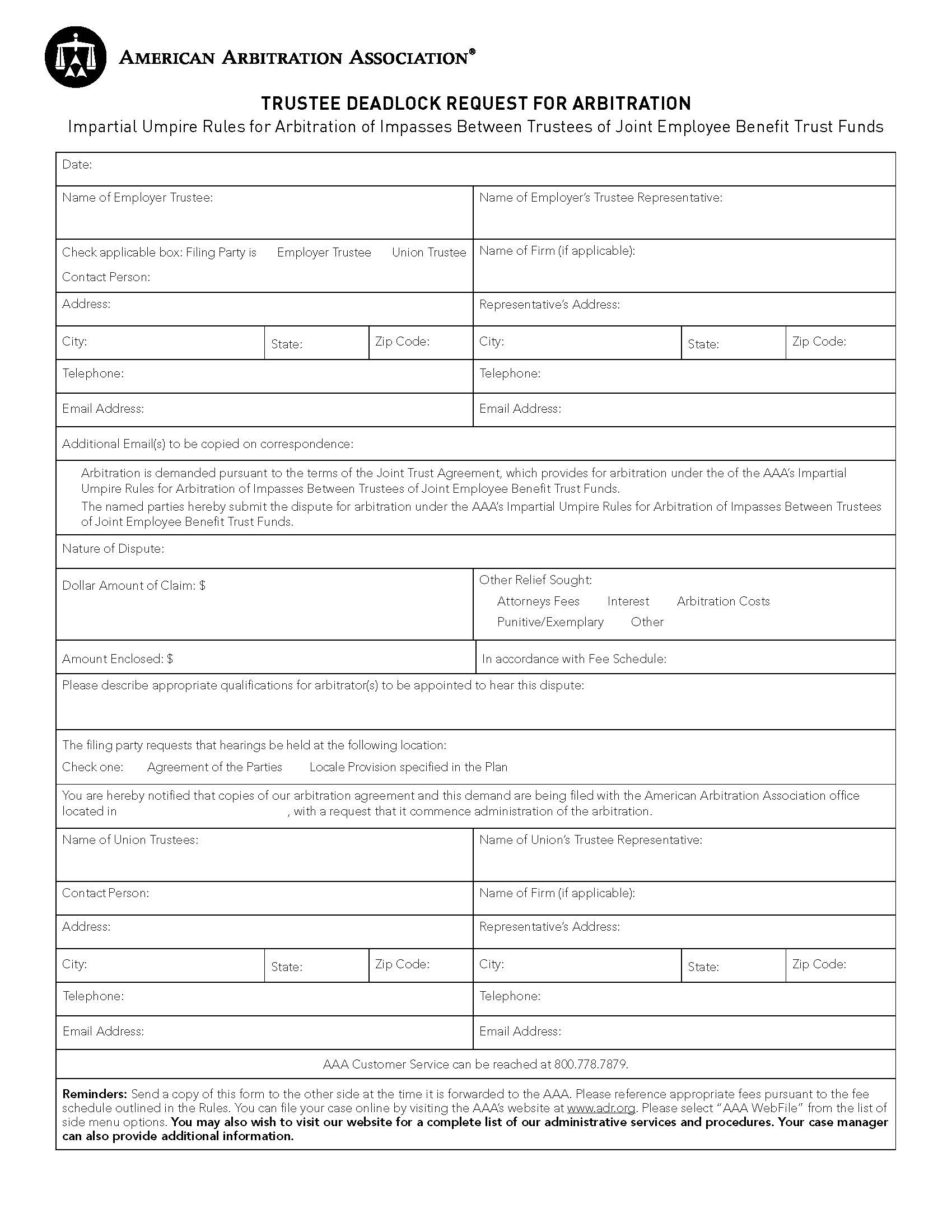 Trustee Deadlock Request For Arbitration | Pdf Fpdf Docx | Official Federal Forms