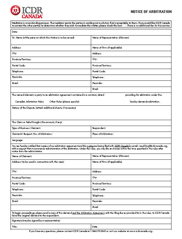 ICDR Canada Notice Of Arbitration | Pdf Fpdf Doc Docx | Official Federal Forms