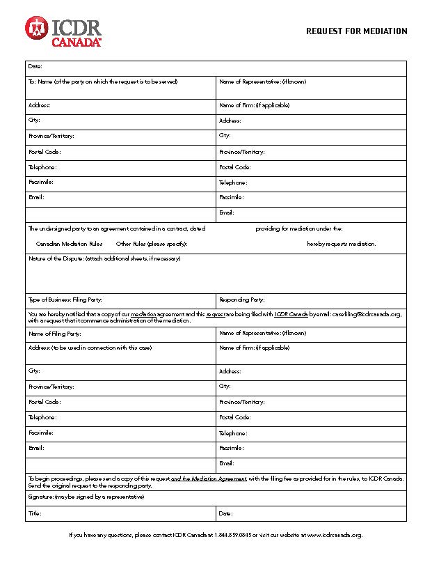 ICDR Canada Request For Mediation | Pdf Fpdf Doc Docx | Official Federal Forms