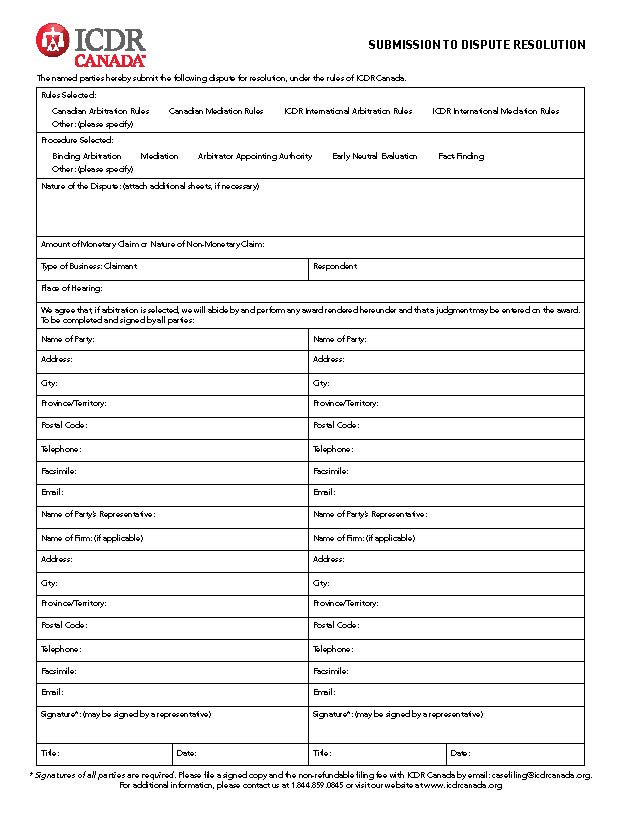 ICDR Canada Submission To Dispute Resolution | Pdf Fpdf Doc Docx | Official Federal Forms