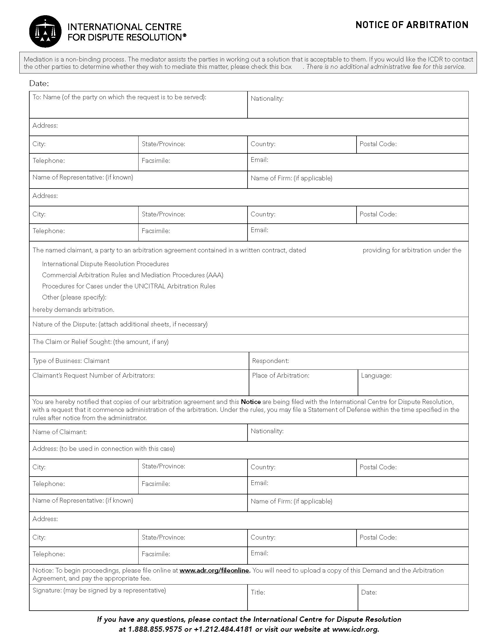 ICDR Notice Of Arbitration | Pdf Fpdf Doc Docx | Official Federal Forms