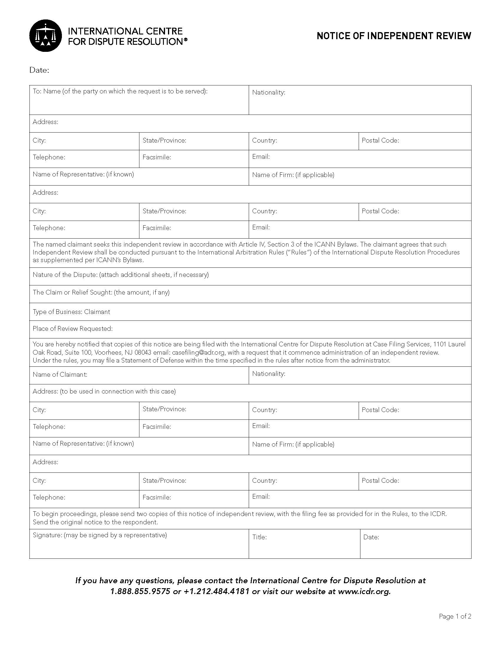 ICDR Notice Of Independent Review | Pdf Fpdf Doc Docx | Official Federal Forms