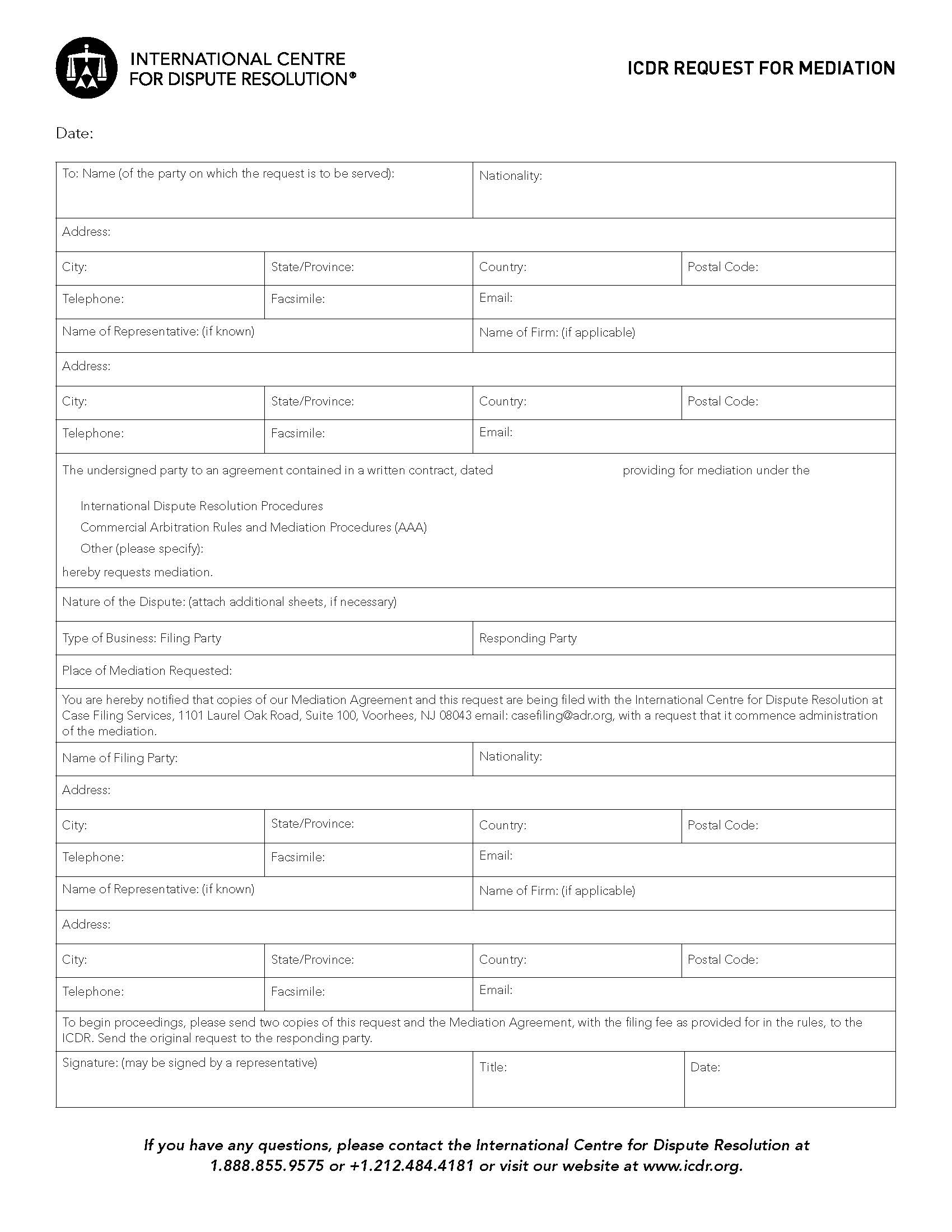 ICDR Request For Mediation | Pdf Fpdf Doc Docx | Official Federal Forms