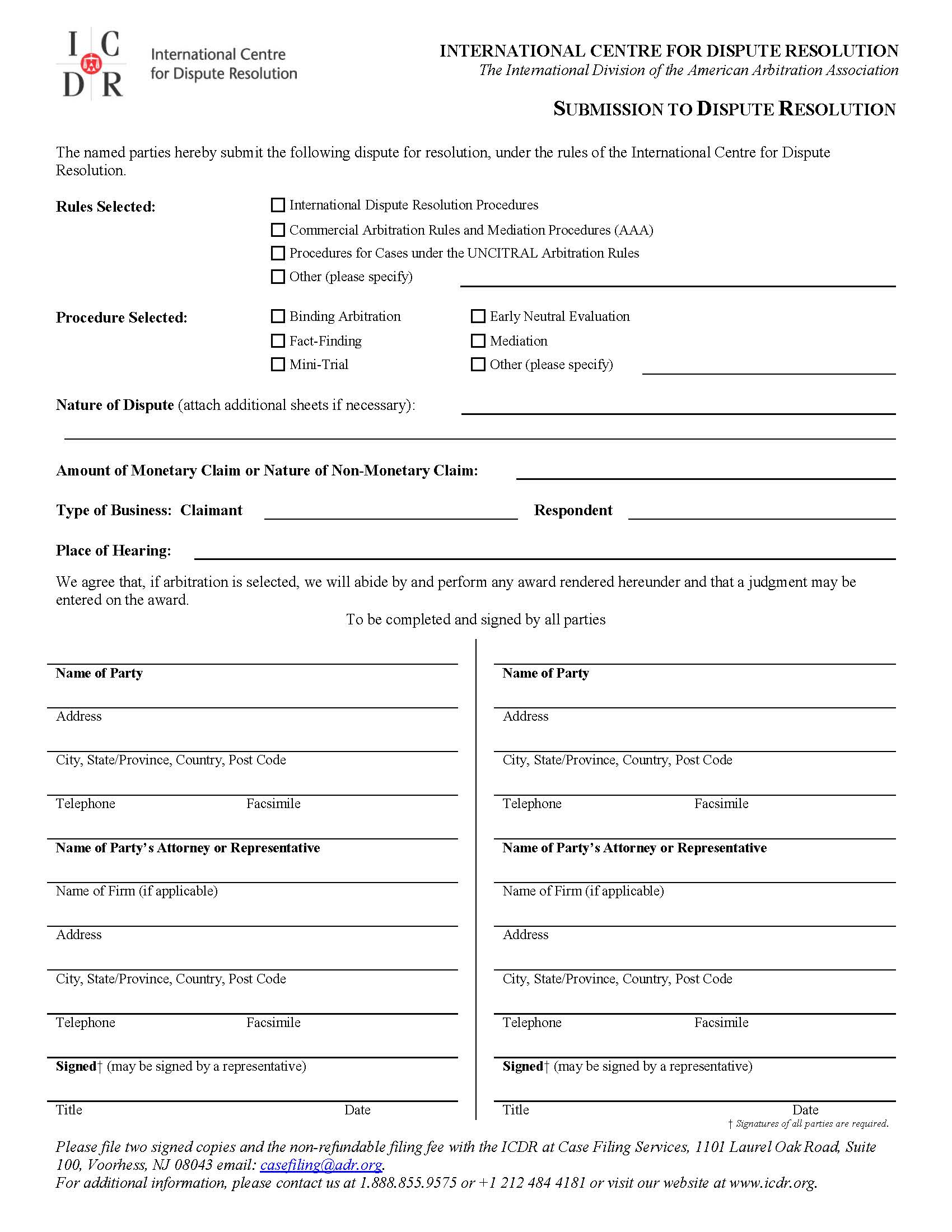 ICDR Submission To Dispute Resolution Form | Pdf Fpdf Doc Docx | Official Federal Forms
