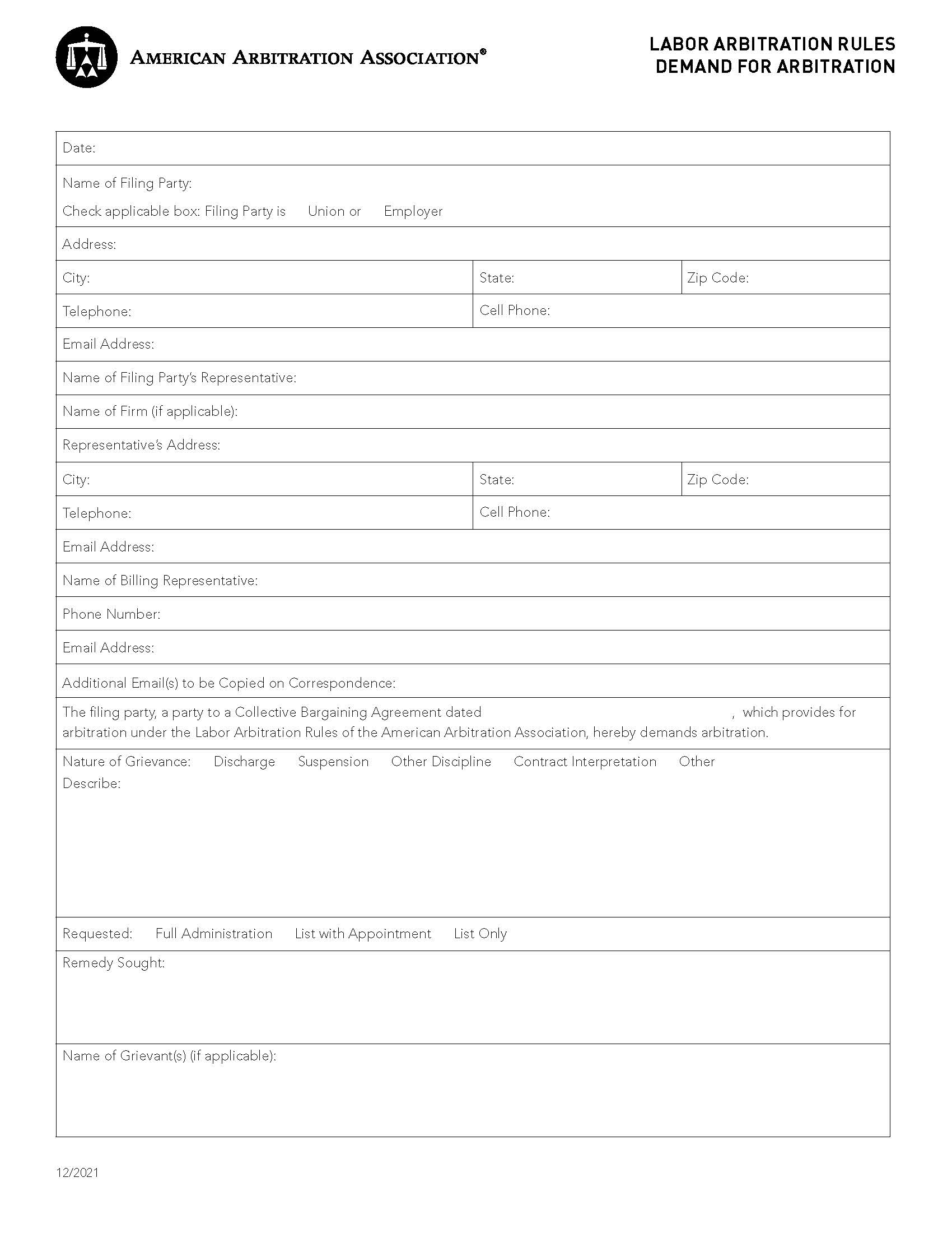 Labor Demand Form (Labor Arbitration Rules Demand For Arbitration) | Pdf Fpdf Docx | Official Federal Forms