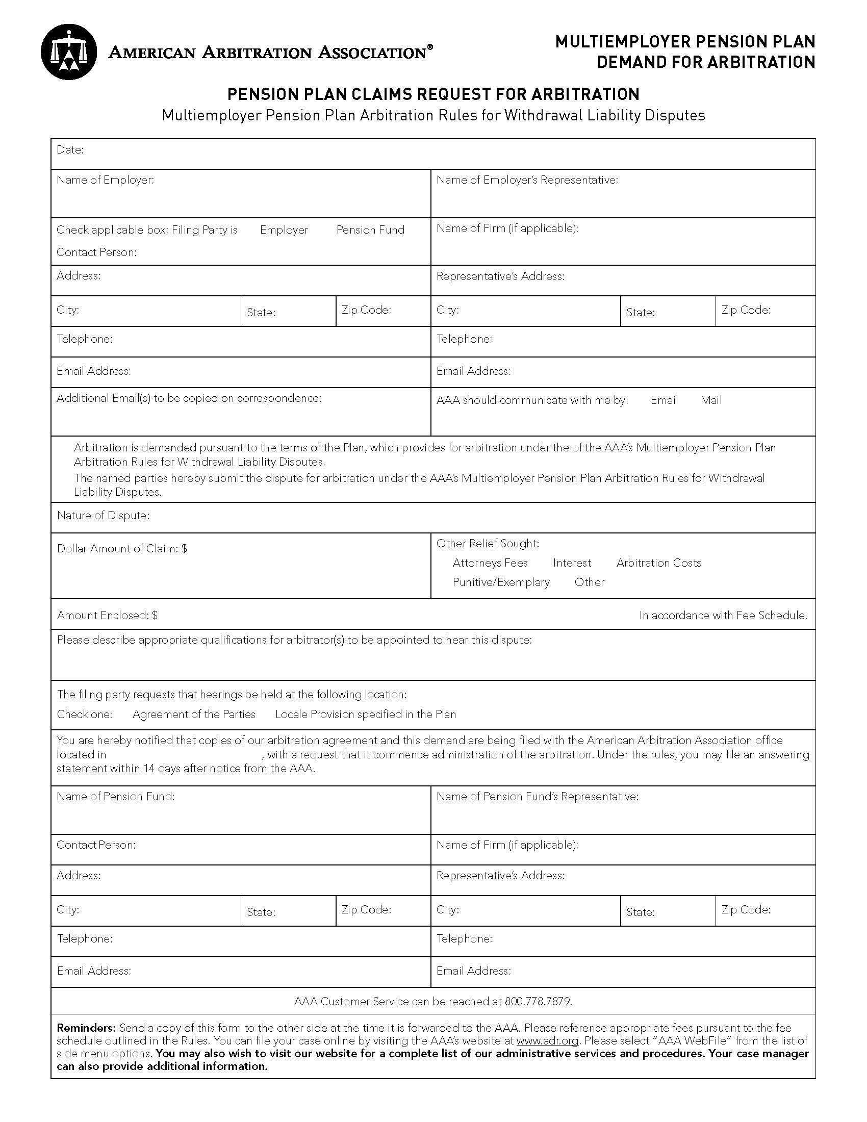Pension Plan Claims Request For Arbitration | Pdf Fpdf Doc Docx | Official Federal Forms