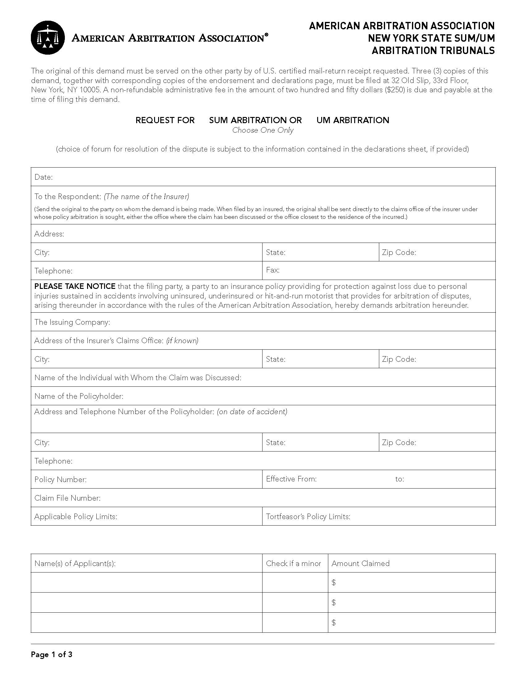 NYS SUM UM Demand For Arbitration | Pdf Fpdf Doc Docx | Official Federal Forms