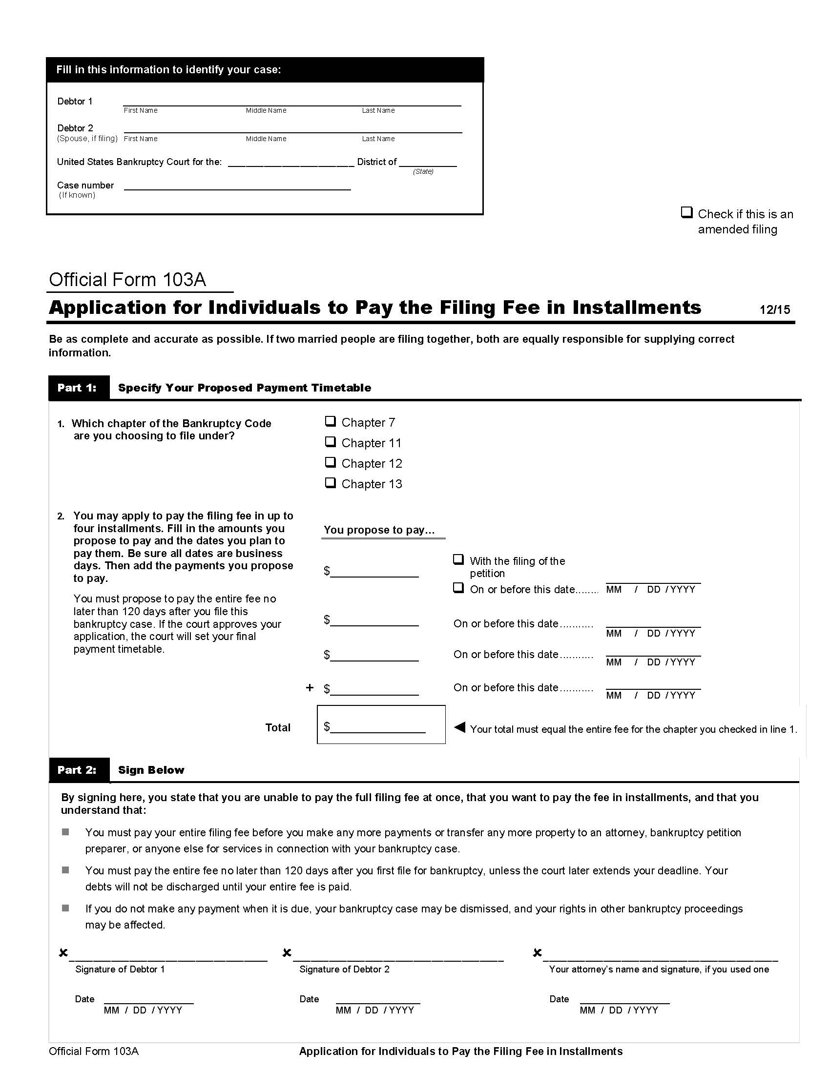 Application For Individuals To Pay The Filing Fee In Installments {B103A} | Pdf Fpdf Doc Docx | Official Federal Forms