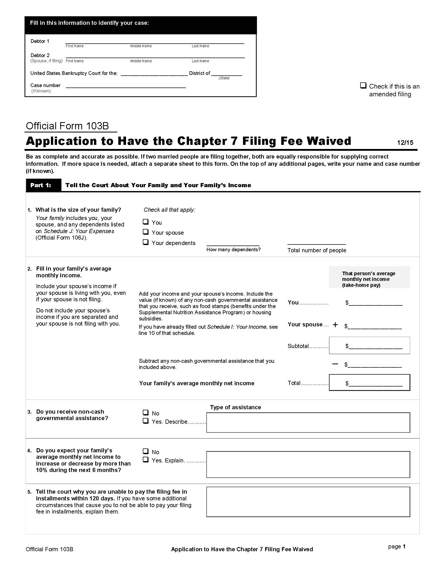 Application To Have The Chapter 7 Filing Fee Waived {B103B} | Pdf Fpdf Doc Docx | Official Federal Forms