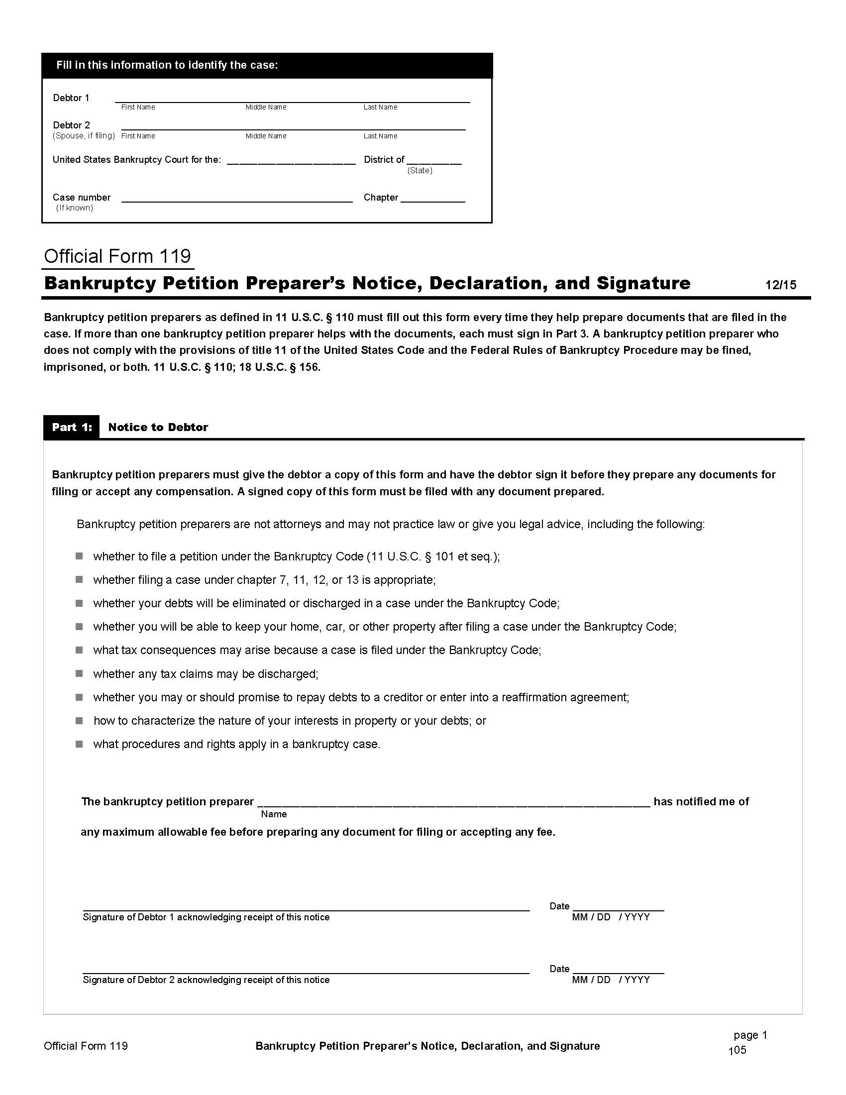 Bankruptcy Petition Preparers Notice Declaration And Signature {B119} | Pdf Fpdf Doc Docx | Official Federal Forms