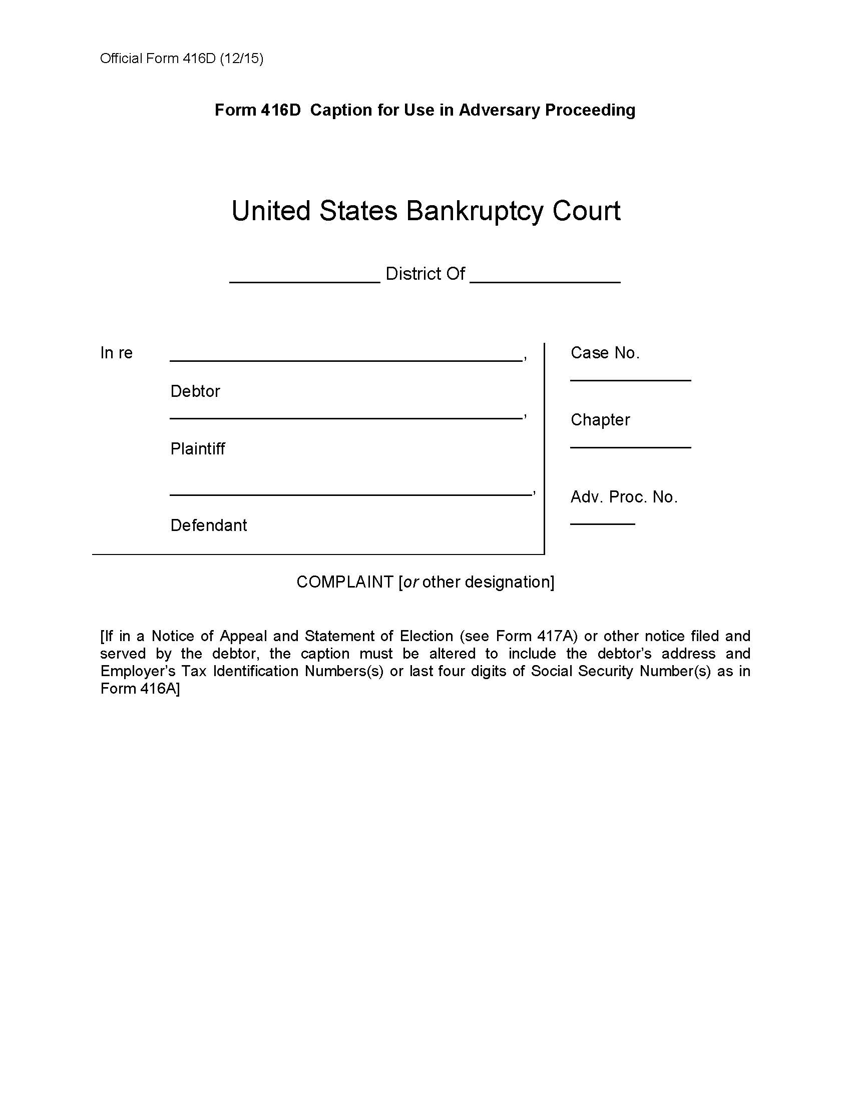 Caption For Use In Adversary Proceedings {B416D} | Pdf Fpdf Doc Docx | Official Federal Forms
