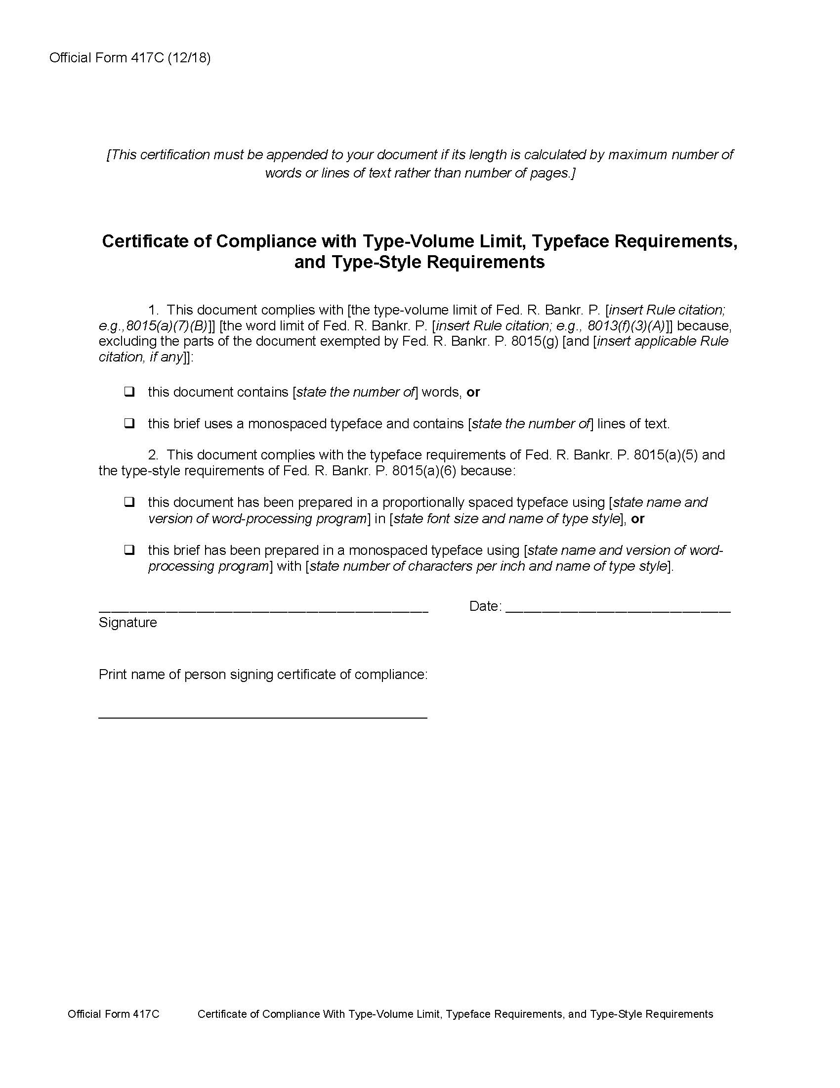 Certificate Of Compliance With Rule 8015(a)(7)(B) Or 8016(d)(2) {B417C} | Pdf Fpdf Docx | Official Federal Forms