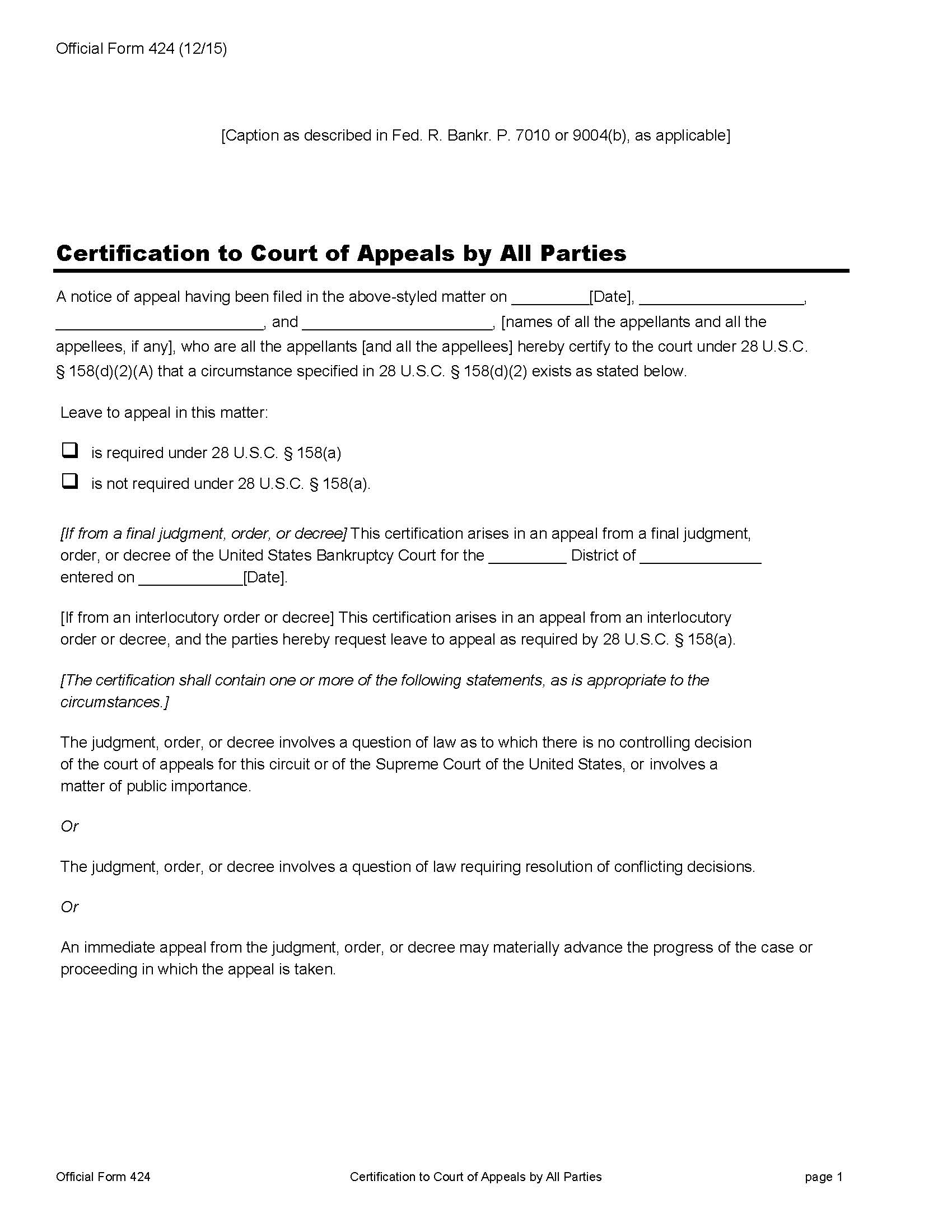 Certification To Court Of Appeals By All Parties {B424} | Pdf Fpdf Doc Docx | Official Federal Forms
