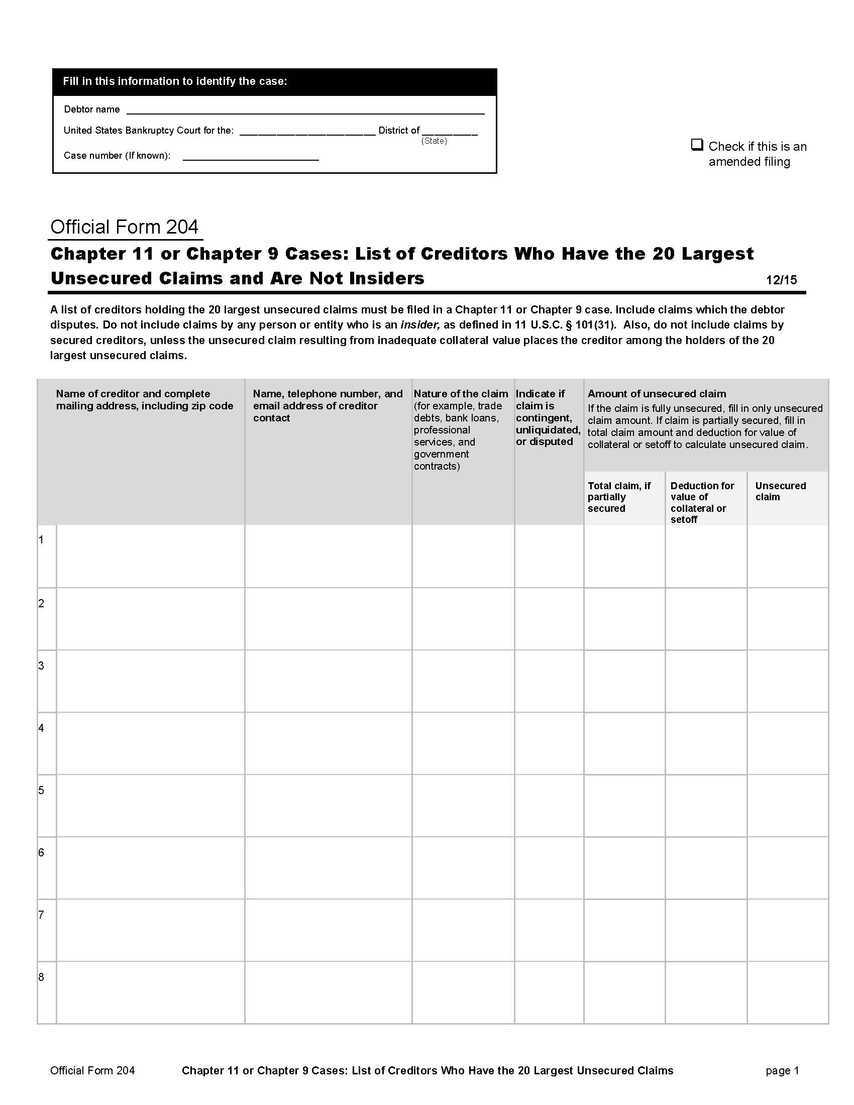 Chapter 11 Or Chapter 9 Cases The List Of Creditors {B204} | Pdf Fpdf Doc Docx | Official Federal Forms