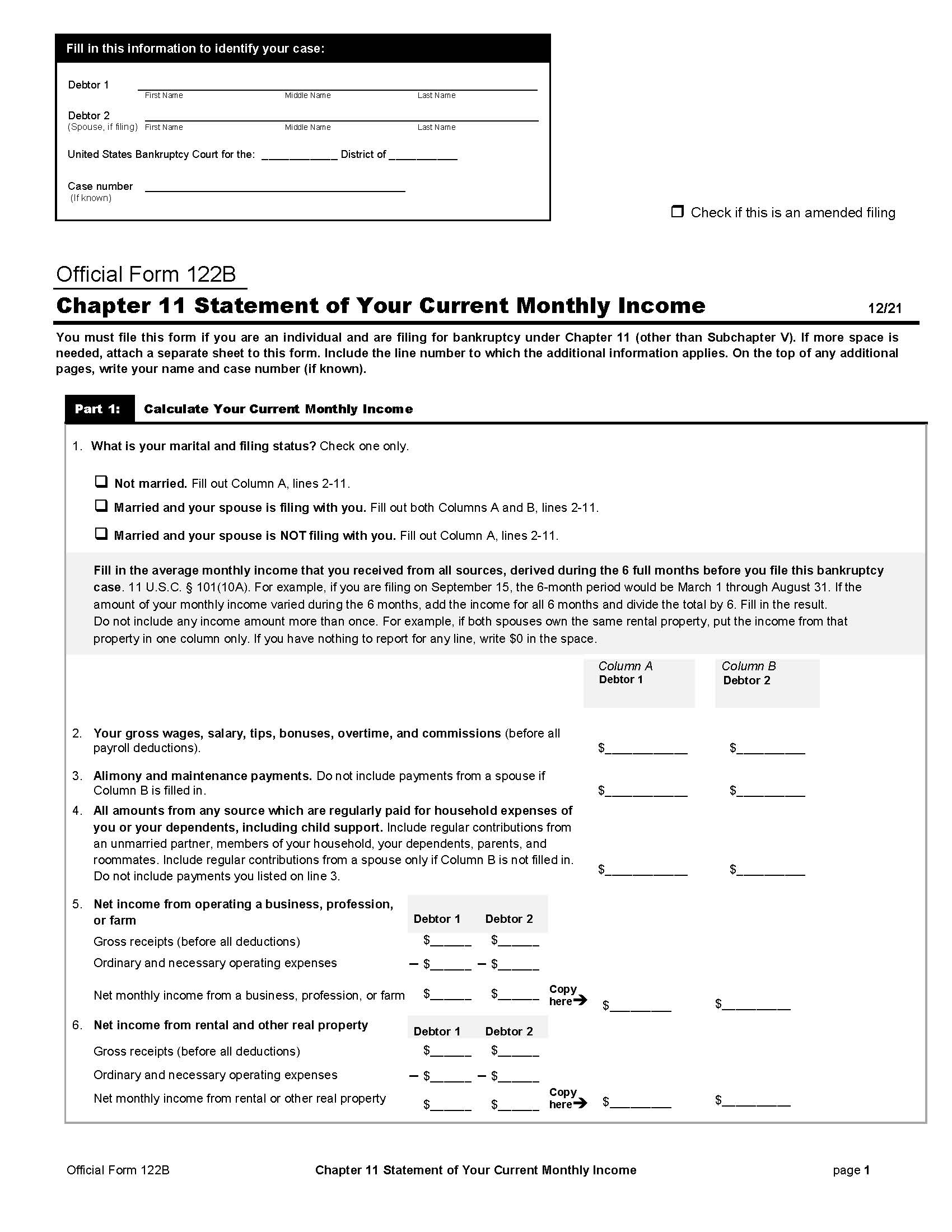 Chapter 11 Statement Of Your Current Monthly Income {B122B} | Pdf Fpdf Doc Docx | Official Federal Forms