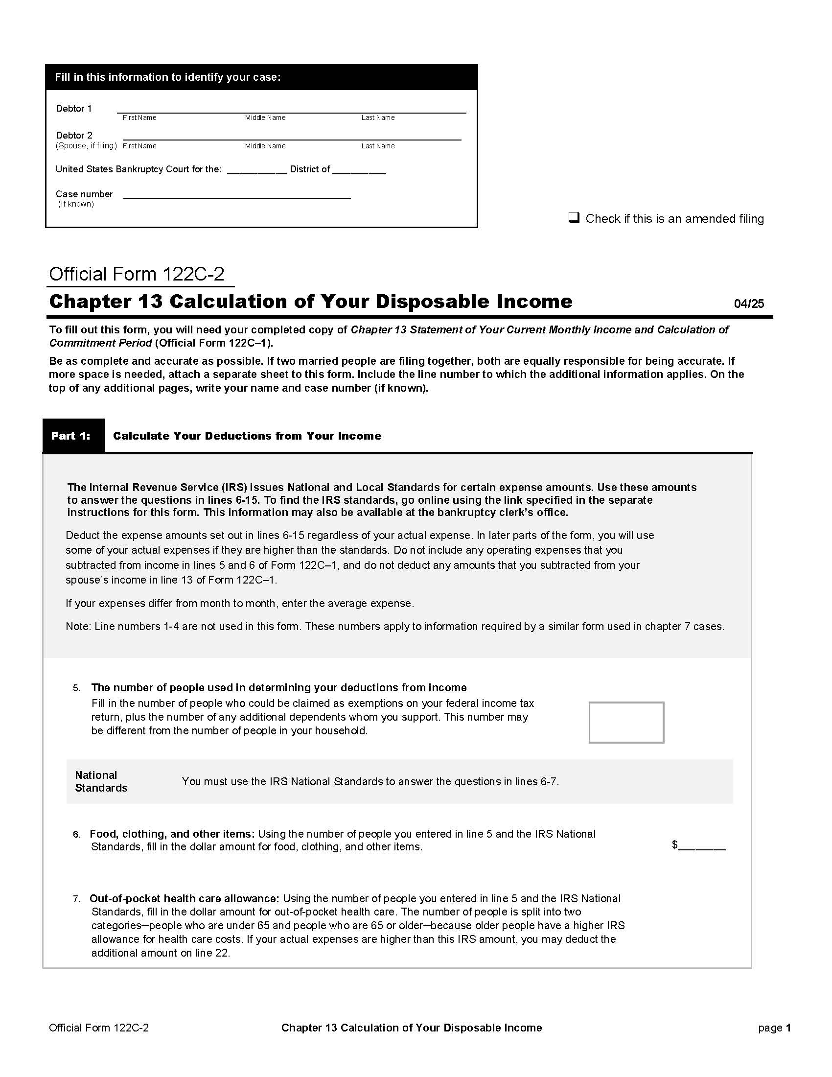 Chapter 13 Calculation Of Your Disposable Income {B122C-2} | Pdf Fpdf Docx | Official Federal Forms