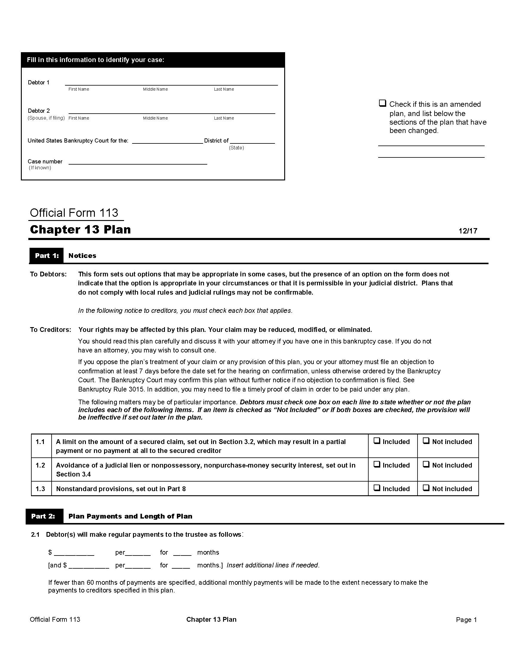 Chapter 13 Plan {B113} | Pdf Fpdf Docx | Official Federal Forms