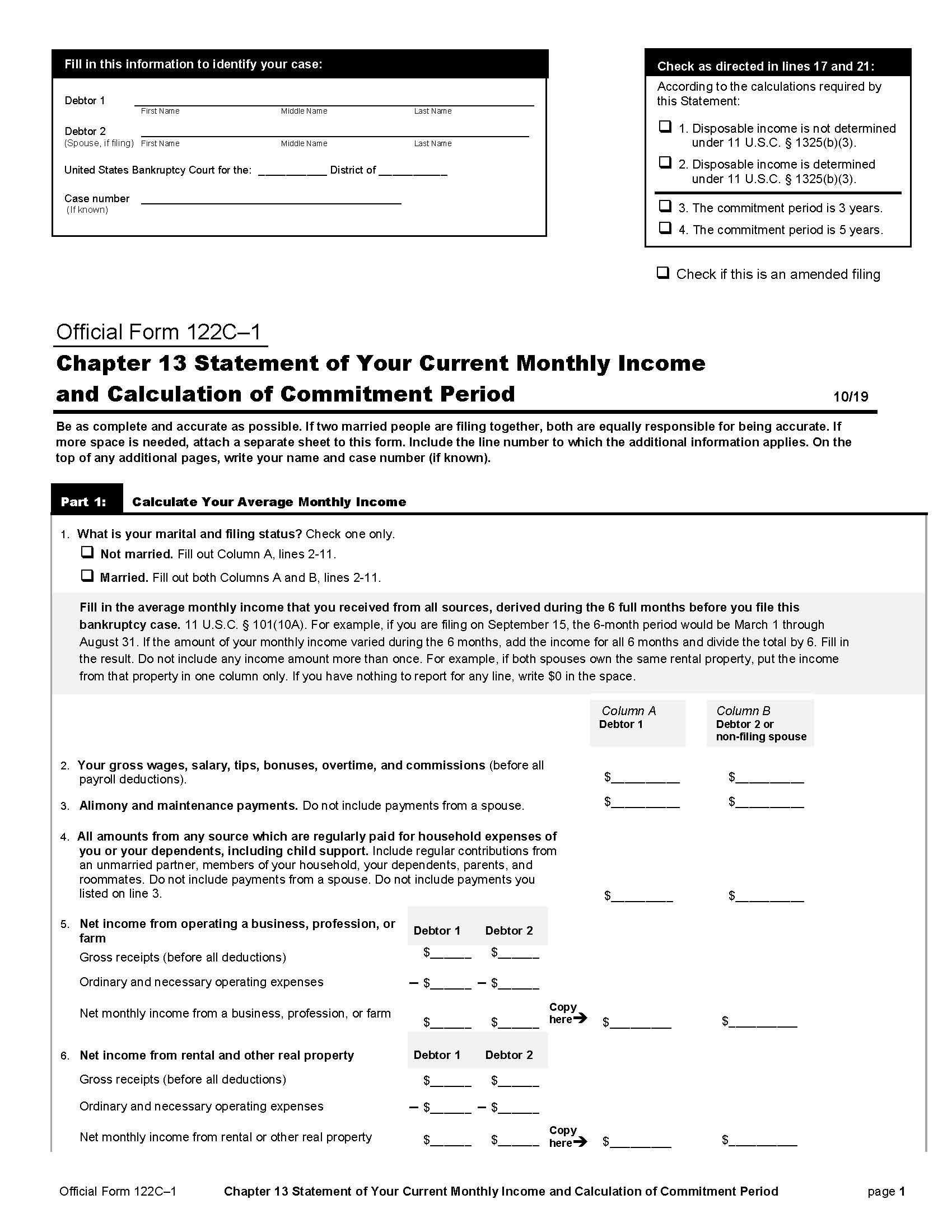 Chapter 13 Statement Of Your Currently Monthly Income And Calculation {B122C-1} | Pdf Fpdf Doc Docx | Official Federal Forms