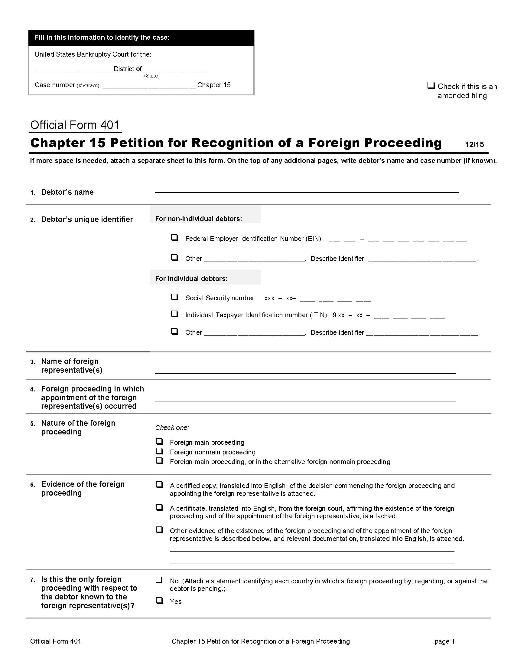 Chapter 15 Petition For Recognition Of Foreign Proceeding {B401} | Pdf Fpdf Doc Docx | Official Federal Forms