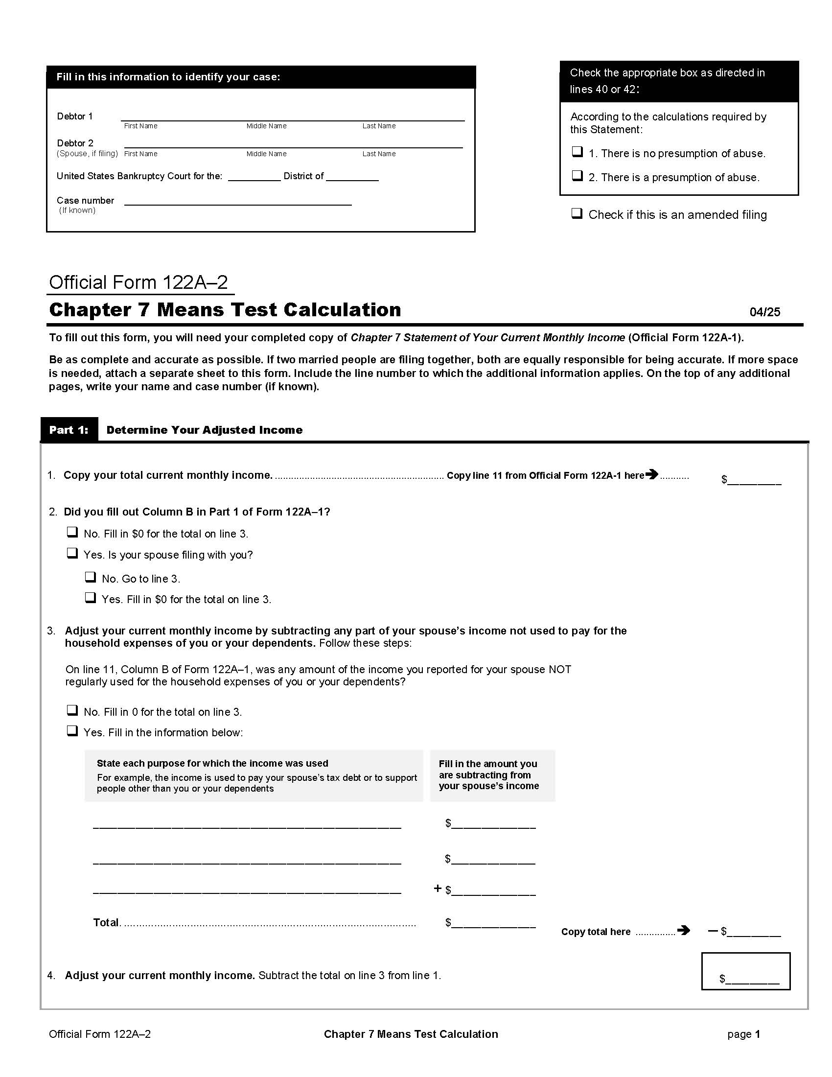 Chapter 7 Means Test Calculation {B122A-2} | Pdf Fpdf Docx | Official Federal Forms