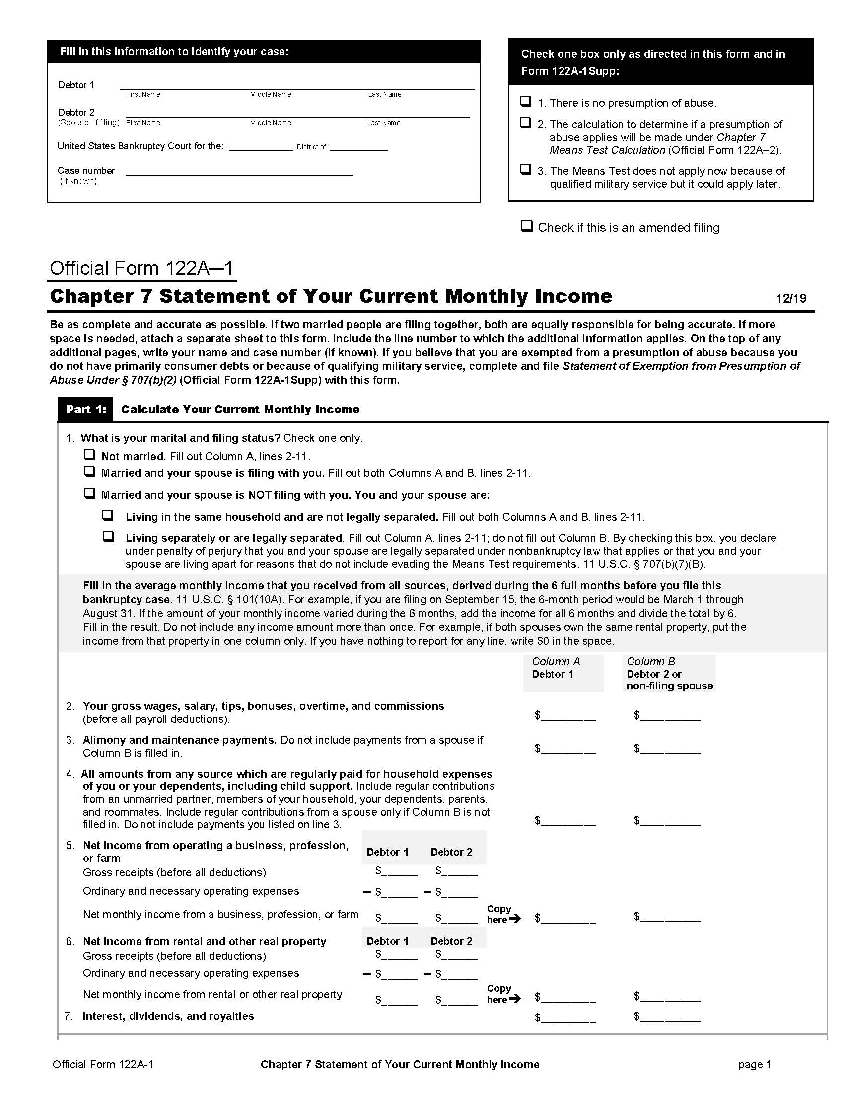 Chapter 7 Statement Of Your Current Monthly Income {B122A-1} | Pdf Fpdf Docx | Official Federal Forms