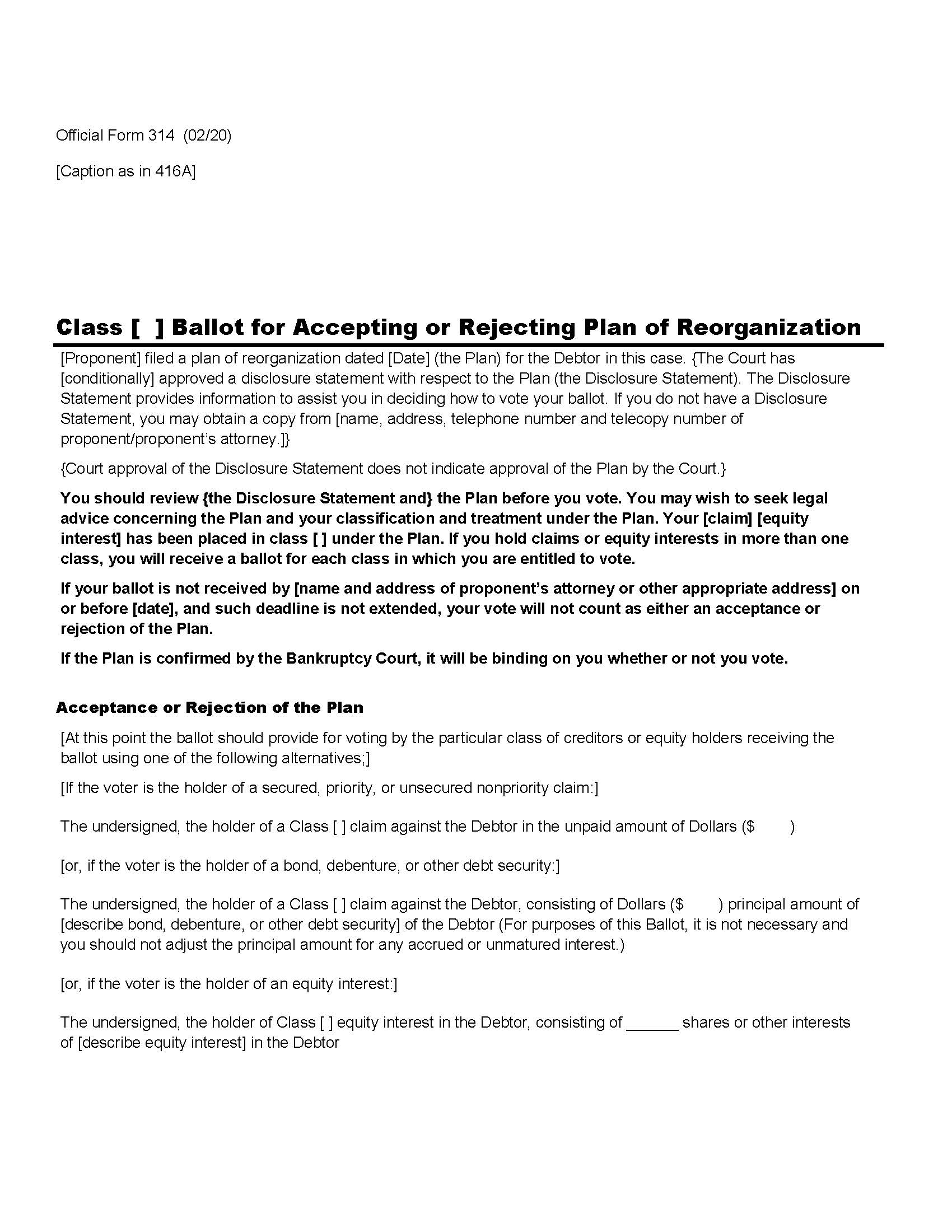 Class Ballot For Accepting Or Rejecting Plan Of Reorganization {B314} | Pdf Fpdf Doc Docx | Official Federal Forms
