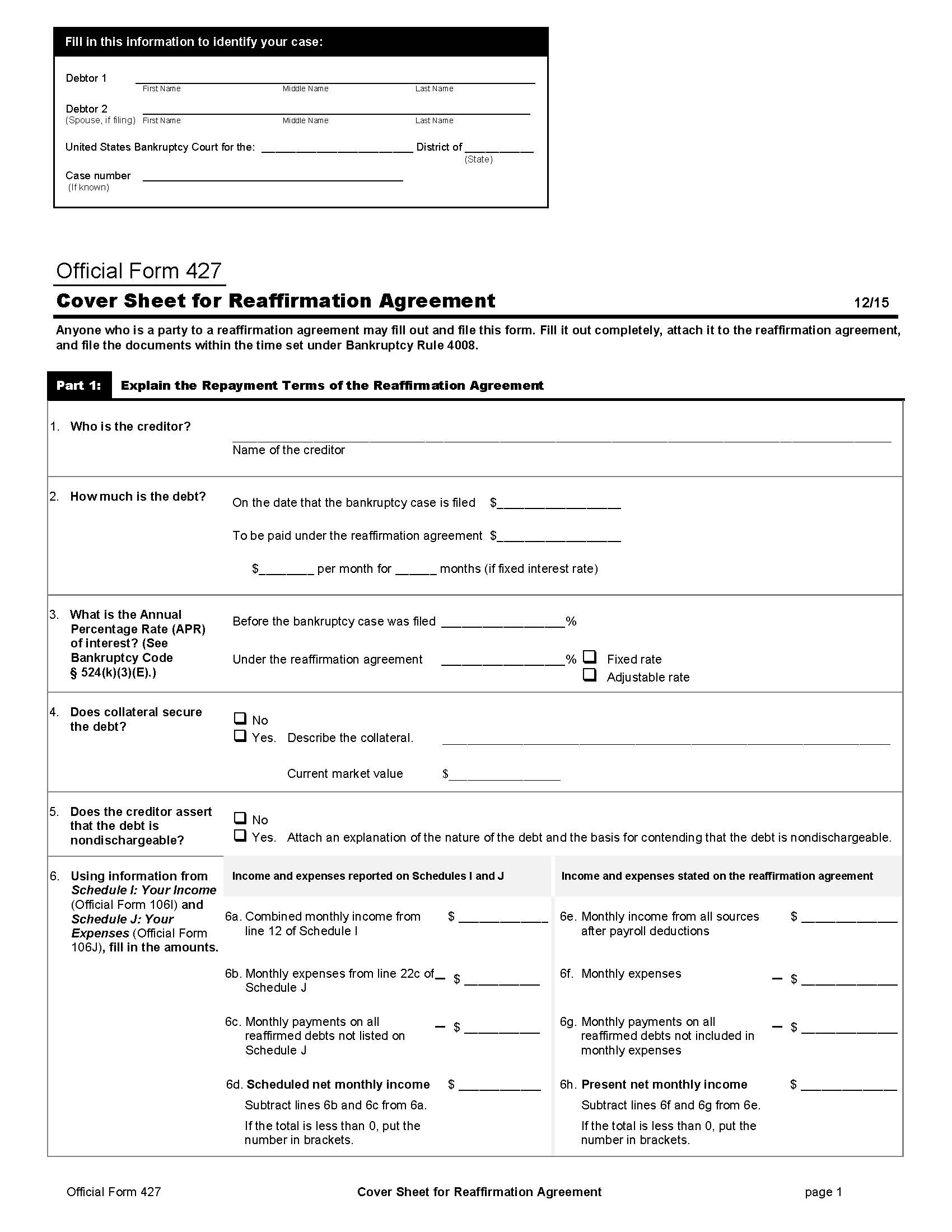 Cover Sheet For Reaffirmation Agreement {B427} | Pdf Fpdf Doc Docx | Official Federal Forms