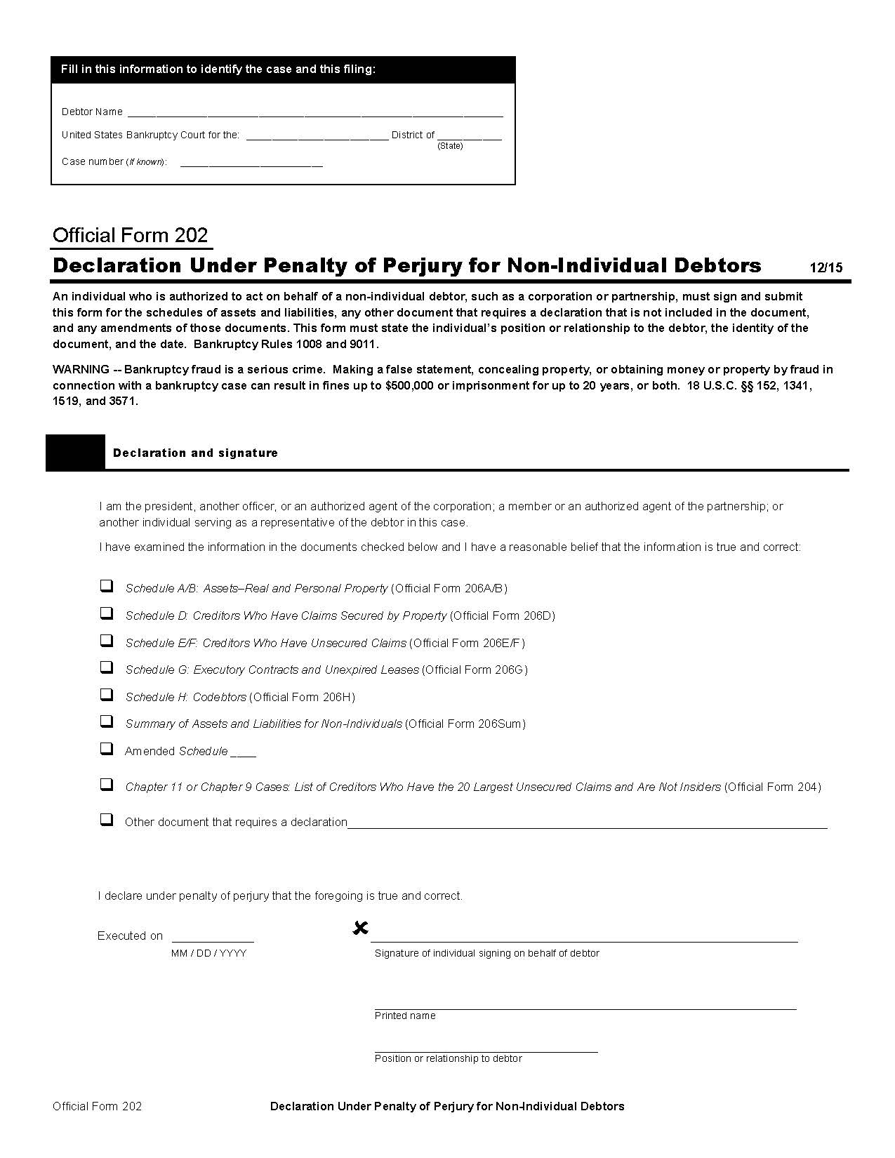Declaration Under Penalty Of Perjury For Non-Individual Debtors {B202} | Pdf Fpdf Doc Docx | Official Federal Forms