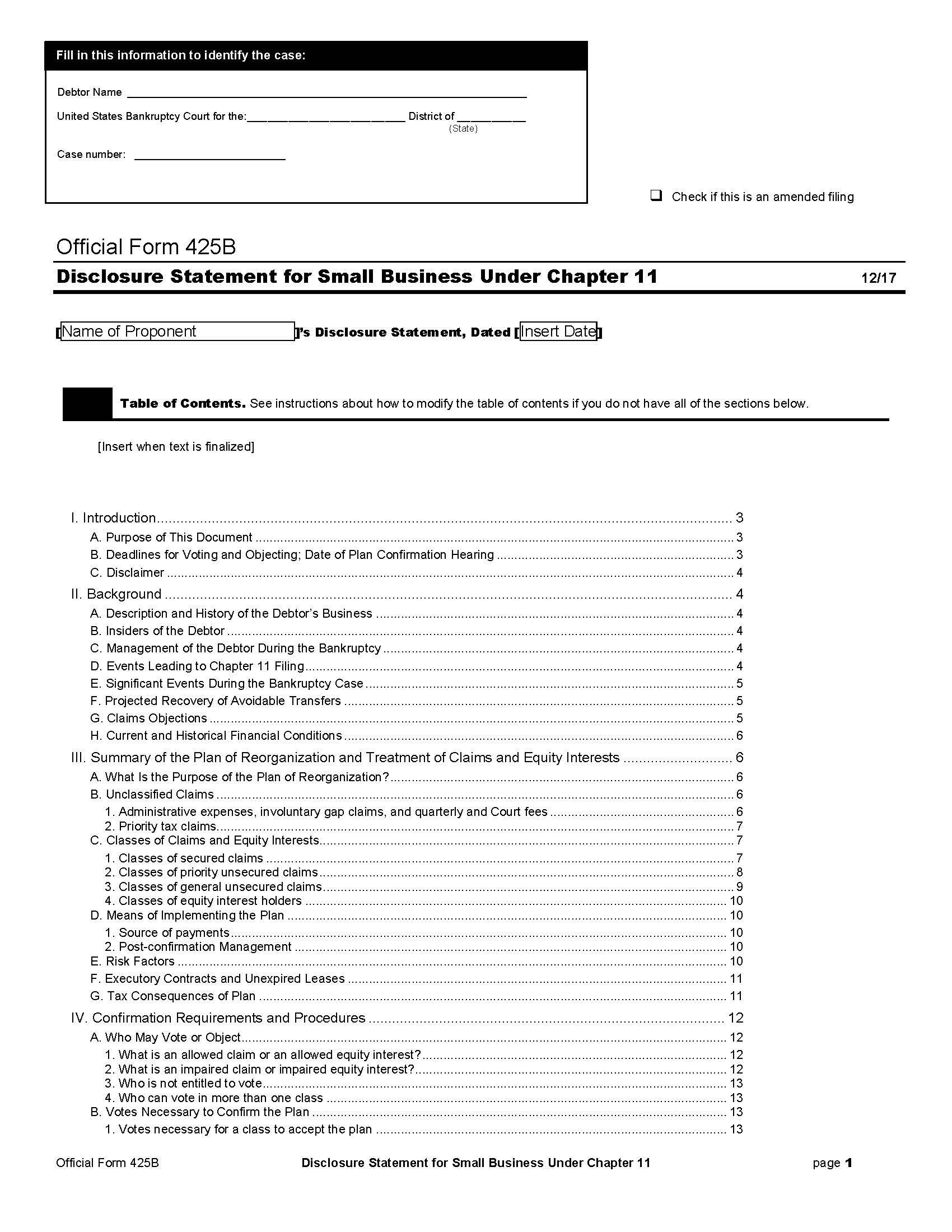 Disclosure Statement For Small Business Under Chapter 11 {B425B} | Pdf Fpdf Docx | Official Federal Forms