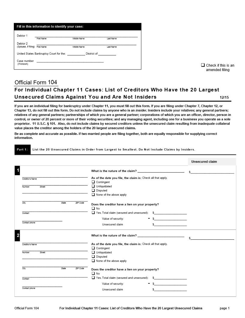 For Individual Chapter 11 Cases-List  Of Creditors Who Have The Largest Unsecured Claims {B104} | Pdf Fpdf Docx | Official Federal Forms