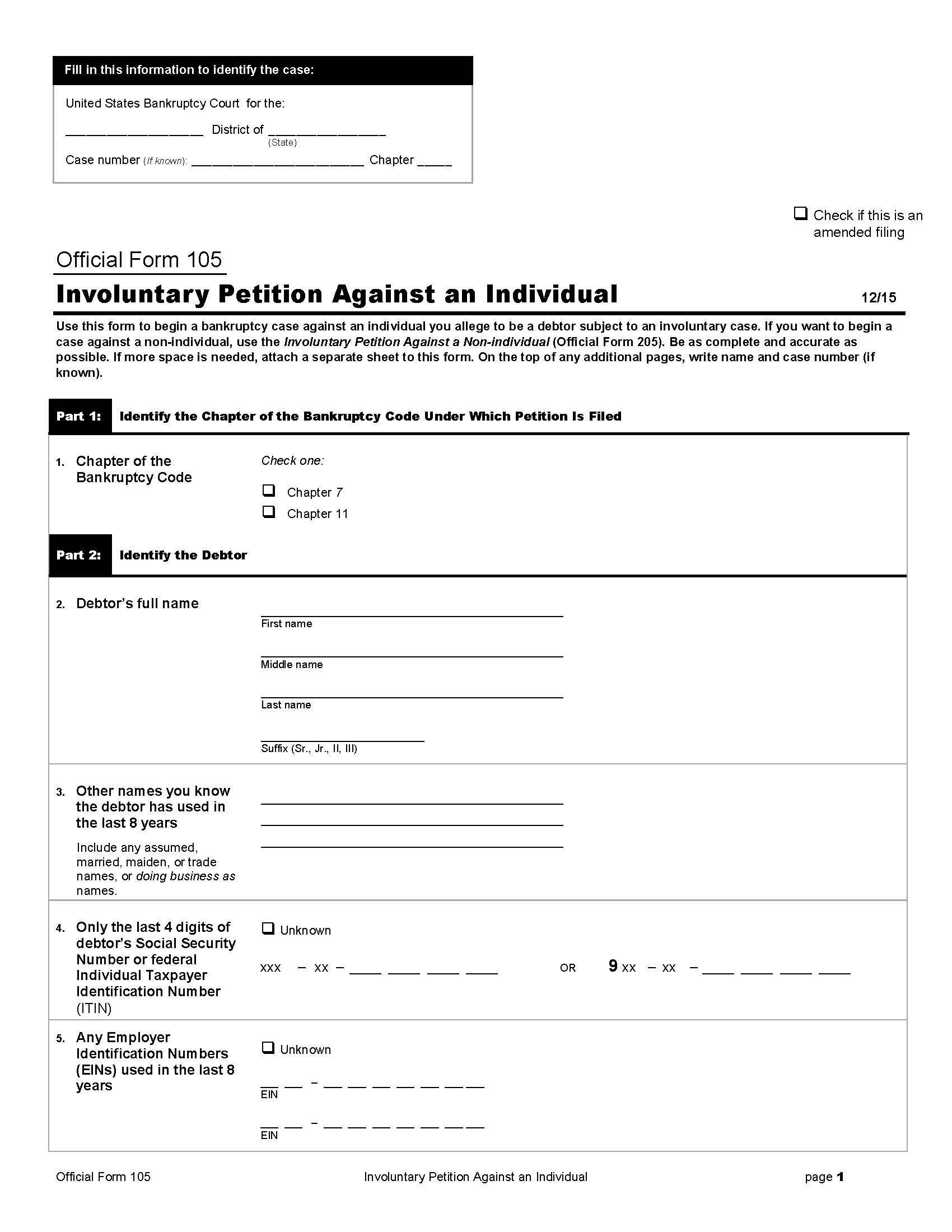 Involuntary Petition Against An Individual {B105} | Pdf Fpdf Doc Docx | Official Federal Forms