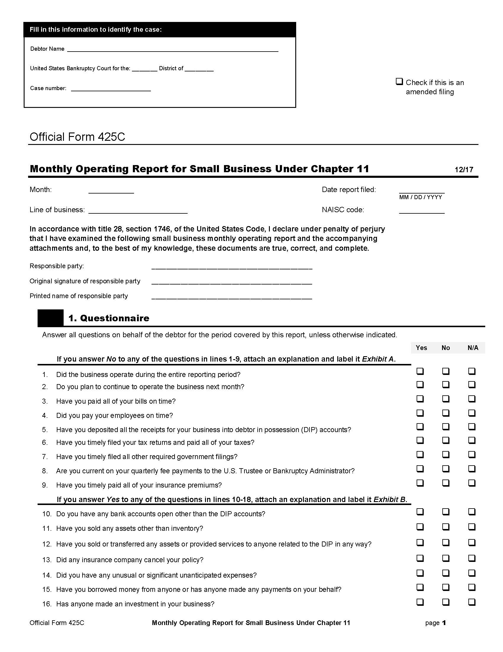 Monthly Operating Report For Small Business Under Chapter 11 {B425C} | Pdf Fpdf Docx | Official Federal Forms