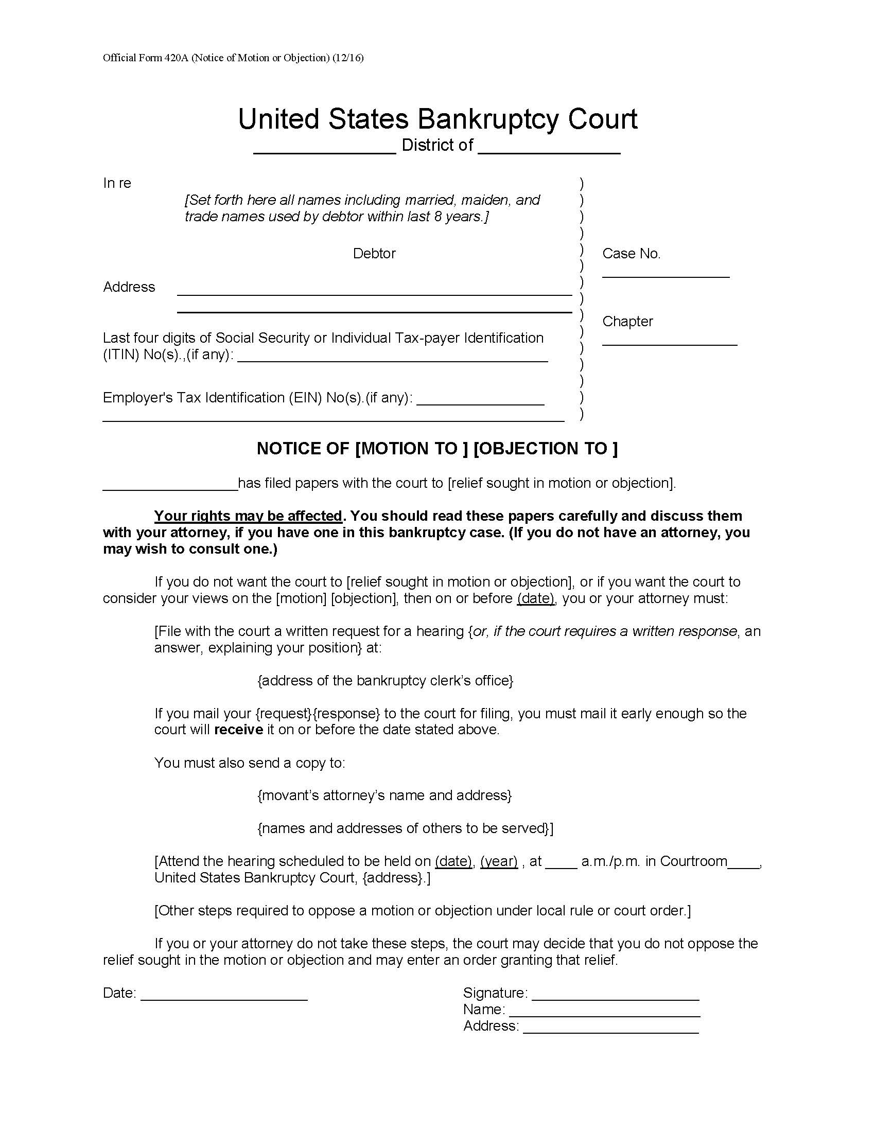 Notice Of (Motion To) (Objection To) {B420A} | Pdf Fpdf Doc Docx | Official Federal Forms