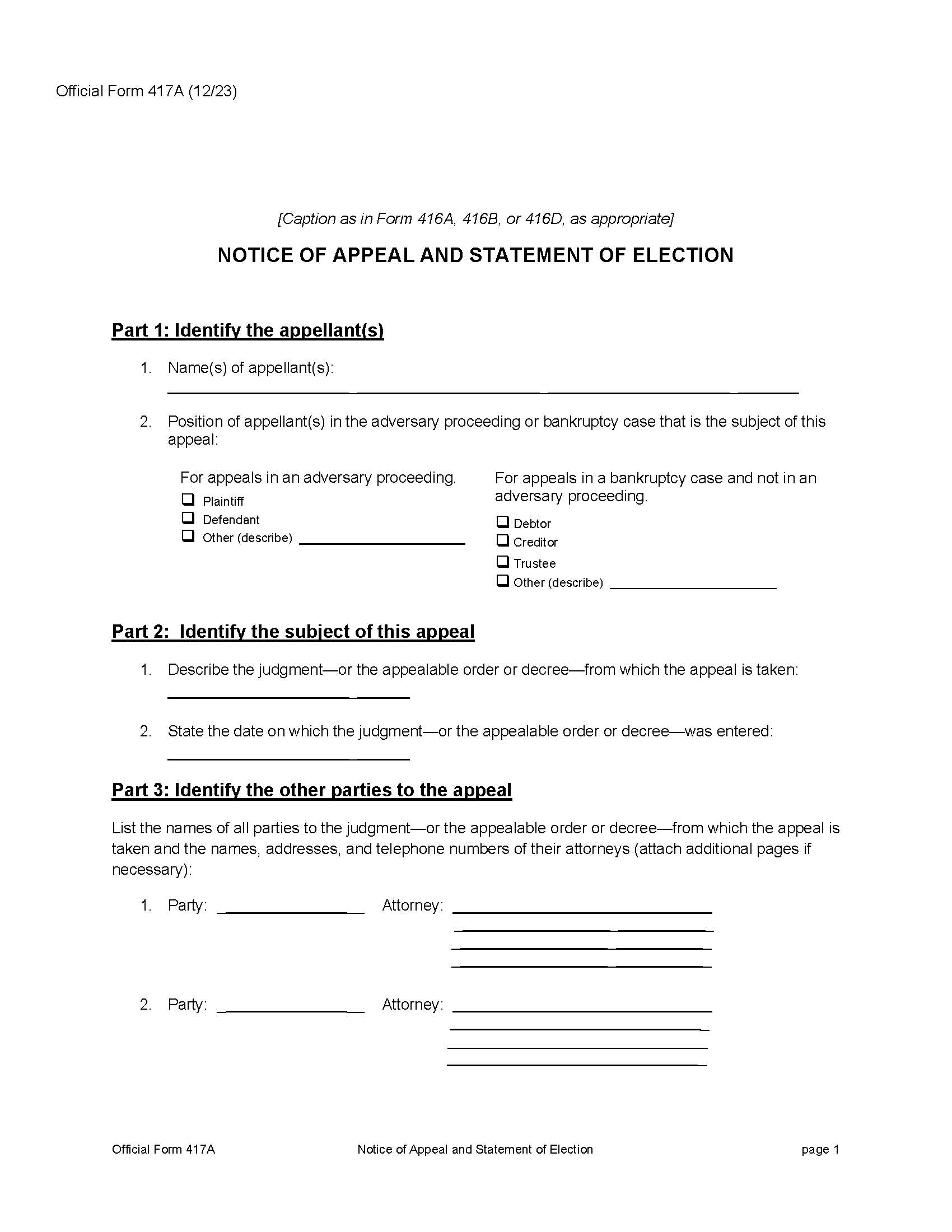 Notice Of Appeal And Statement Of Election {B417A} | Pdf Fpdf Docx | Official Federal Forms