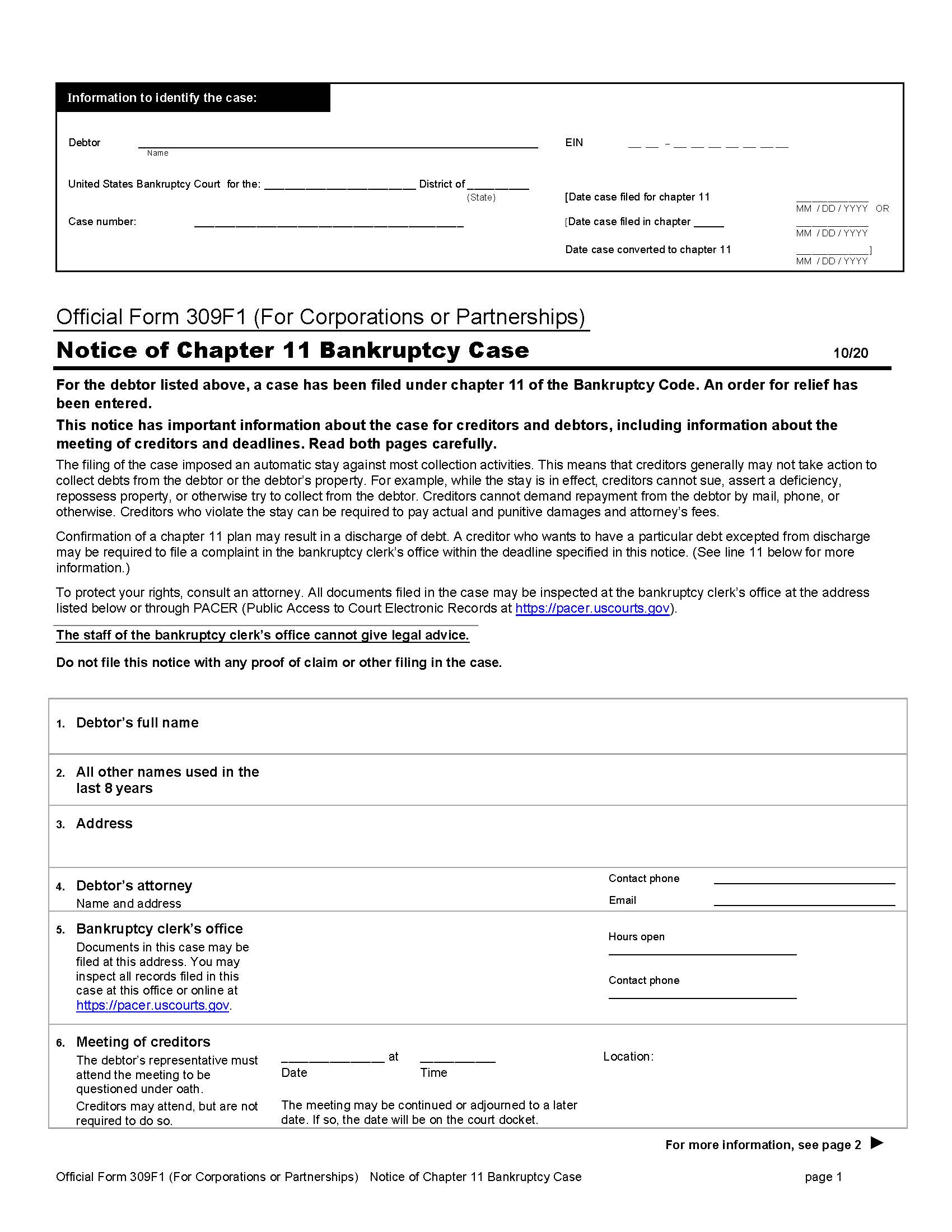 Notice Of Chapter 11 Bankruptcy Case (For Corporations Or Partnerships) {B309F1} | Pdf Fpdf Doc Docx | Official Federal Forms