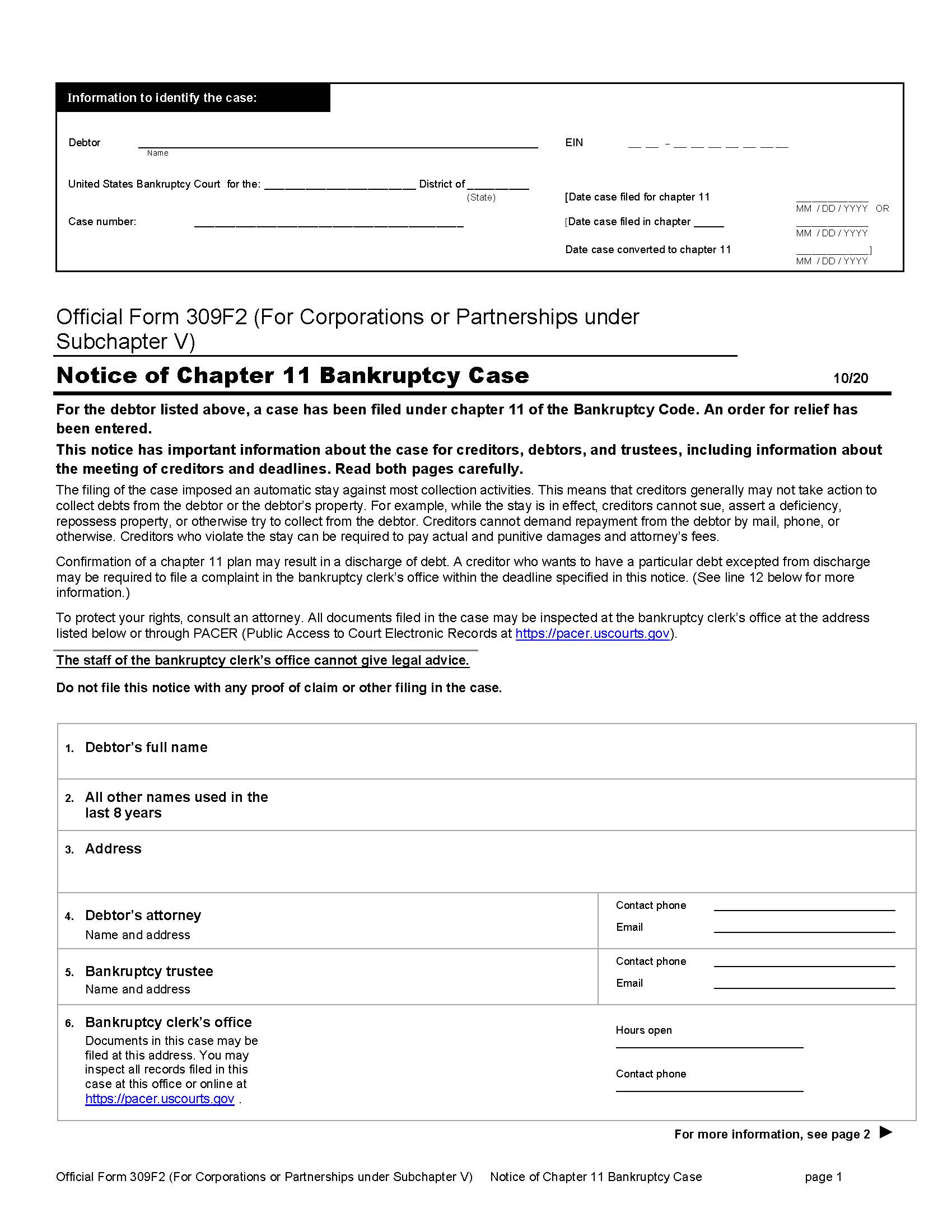 Notice Of Chapter 11 Bankruptcy Case (For Individuals Or Joint Debtors) {B309F2} | Pdf Fpdf Docx | Official Federal Forms