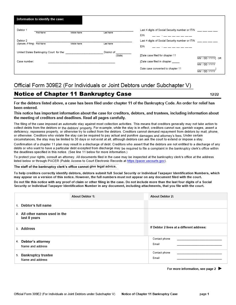 Notice Of Chapter 11 Bankruptcy Case (Individuals Or Joint Debtors Under Subchapter V) {B309E2} | Pdf Fpdf Docx | Official Federal Forms