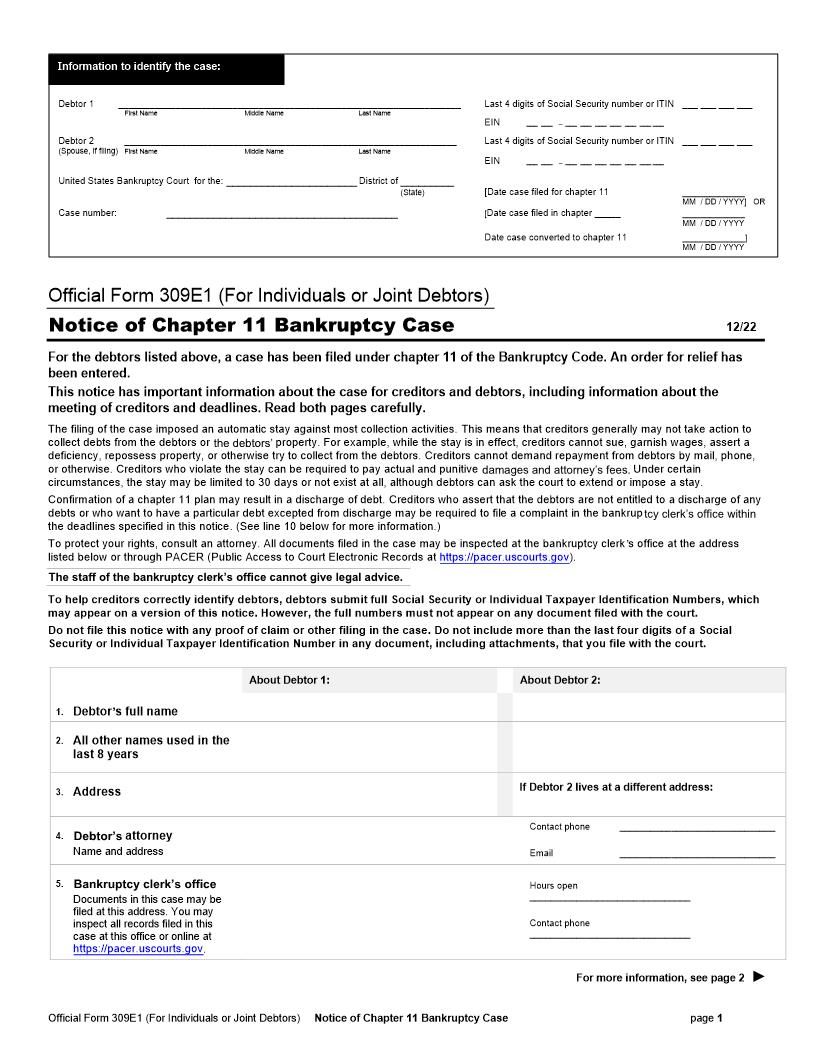 Notice Of Chapter 11 Bankruptcy Case (Individuals Or Joint Debtors) {B309E1} | Pdf Fpdf Doc Docx | Official Federal Forms