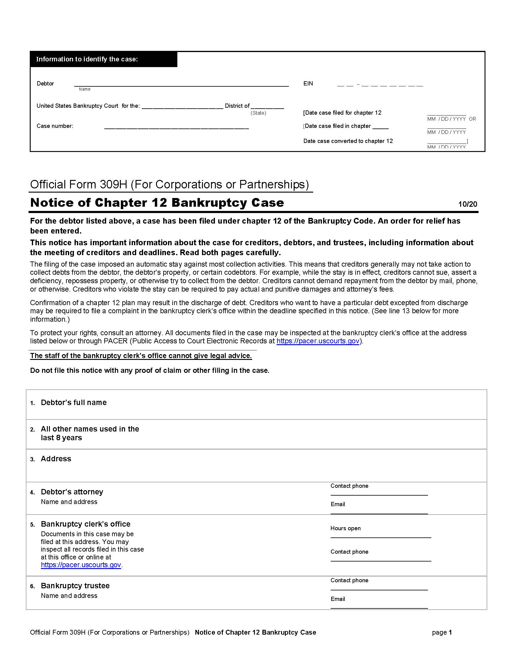 Notice Of Chapter 12 Bankruptcy Case (For Corporations Or Partnerships) {B309H} | Pdf Fpdf Doc Docx | Official Federal Forms