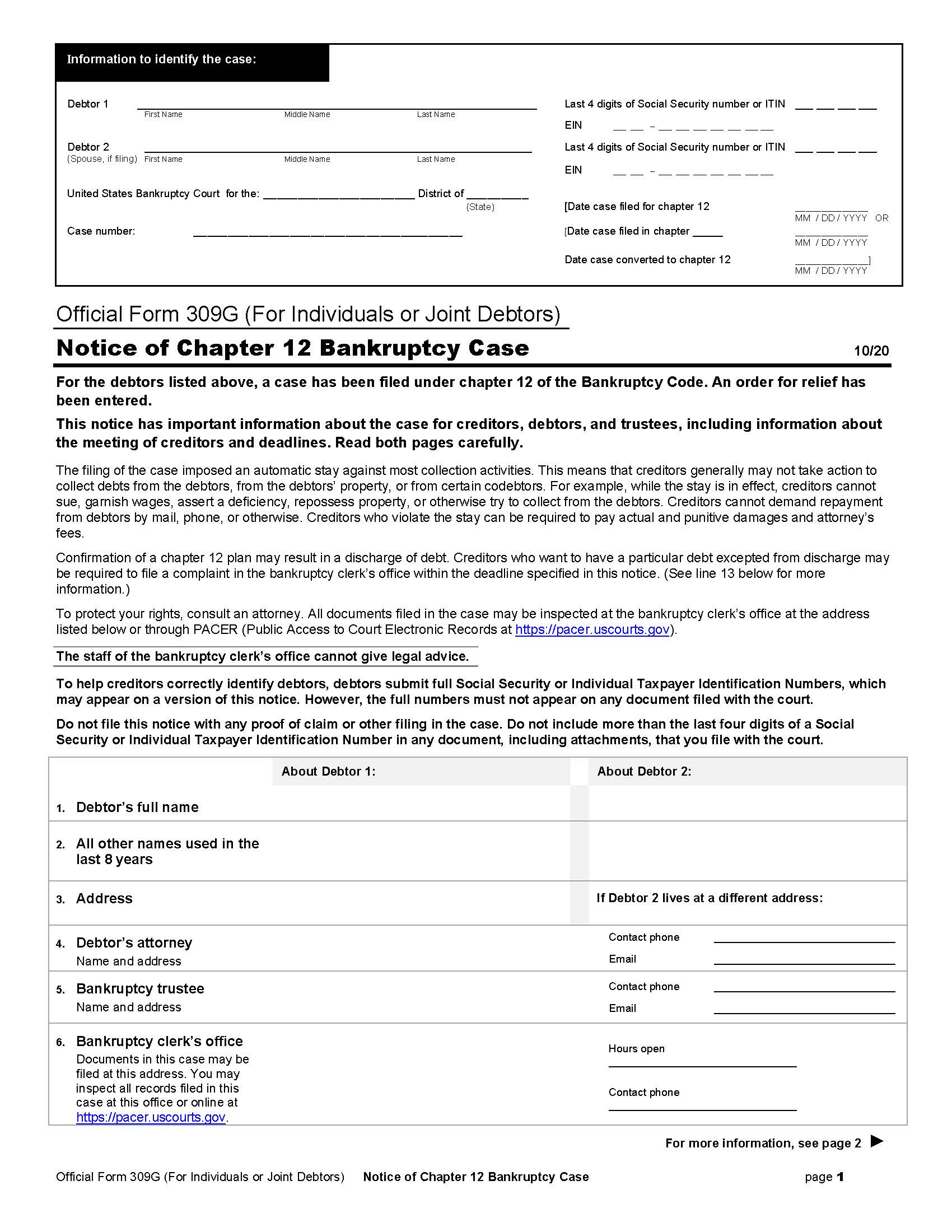 Notice Of Chapter 12 Bankruptcy Case (Individuals Or Joint Debtors) {B309G} | Pdf Fpdf Doc Docx | Official Federal Forms