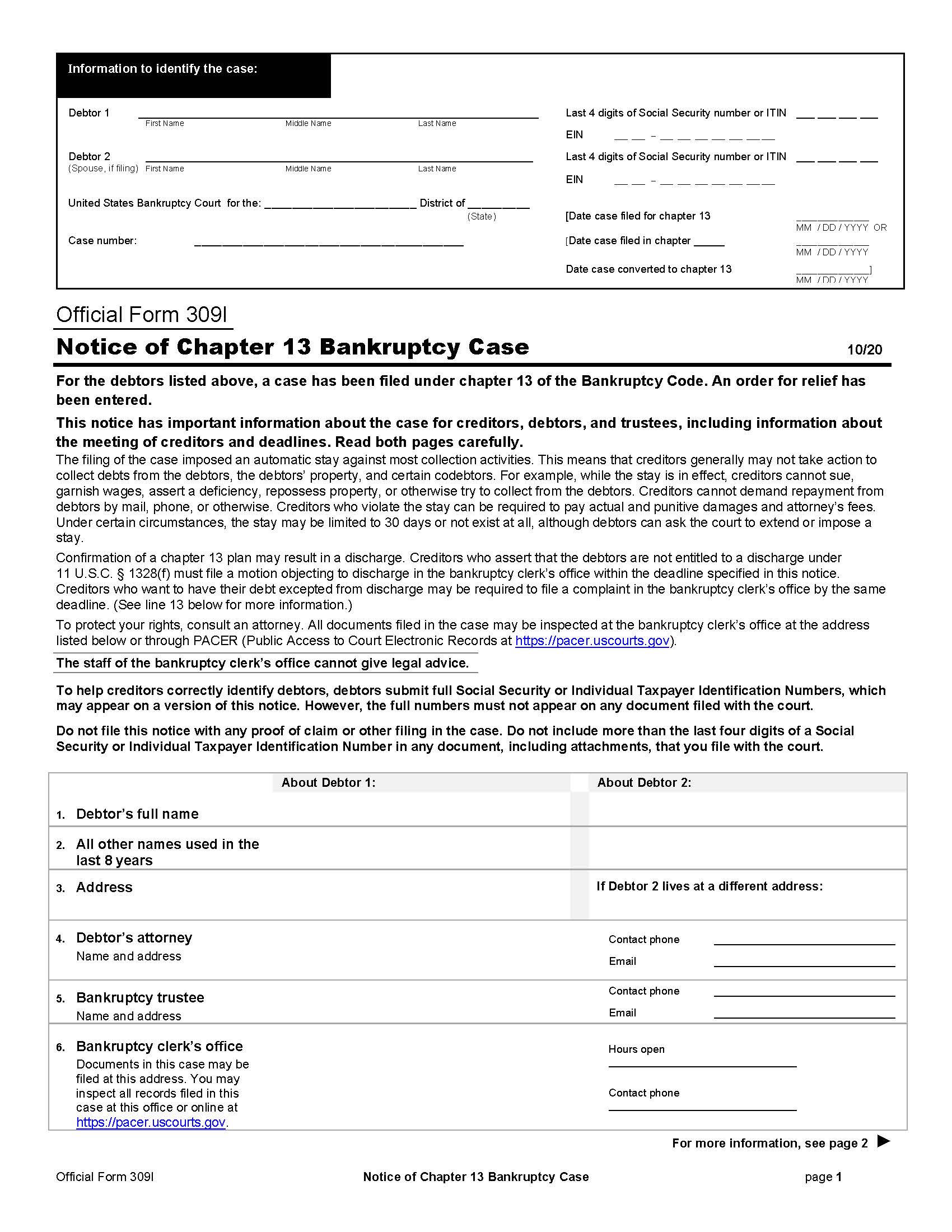 Notice Of Chapter 13 Bankruptcy Case {B309I} | Pdf Fpdf Doc Docx | Official Federal Forms