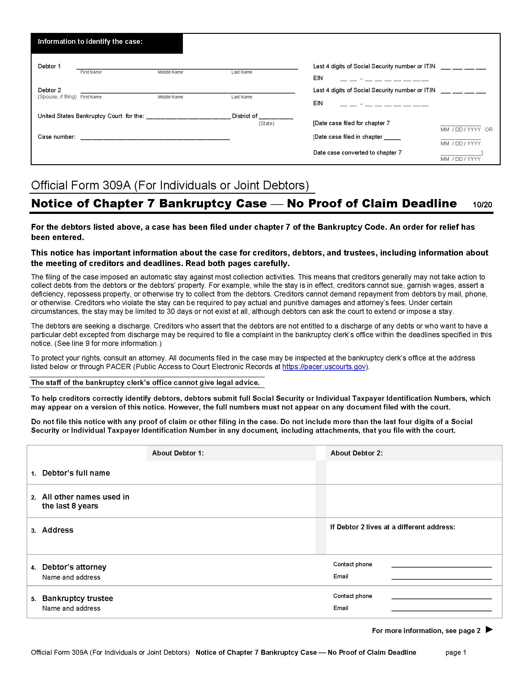 Notice Of Chapter 7 Bankruptcy Case-No Proof Of Claim Deadline {B309A} | Pdf Fpdf Doc Docx | Official Federal Forms