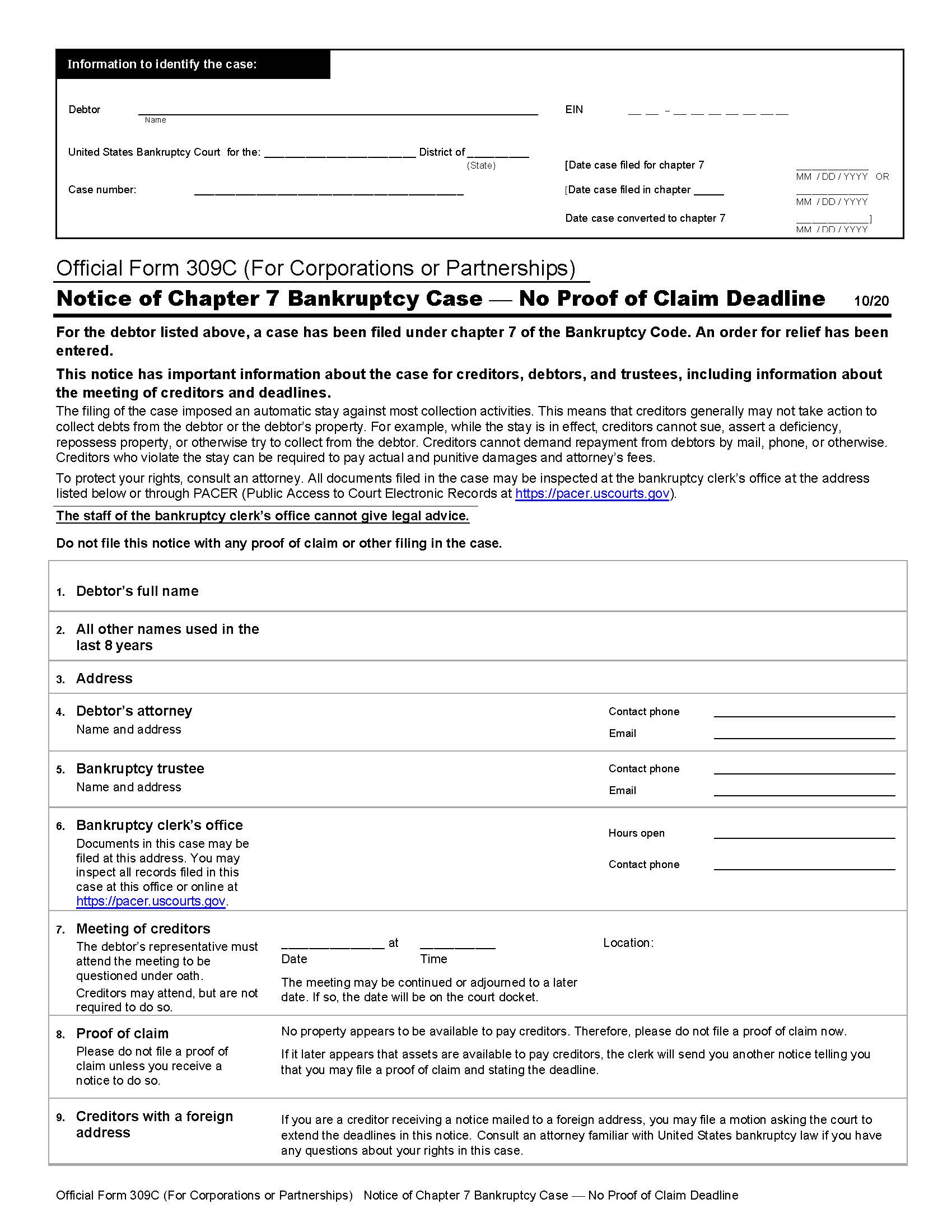 Notice Of Chapter 7 Bankruptcy Case-No Proof Of Claim Deadline {B309C} | Pdf Fpdf Doc Docx | Official Federal Forms