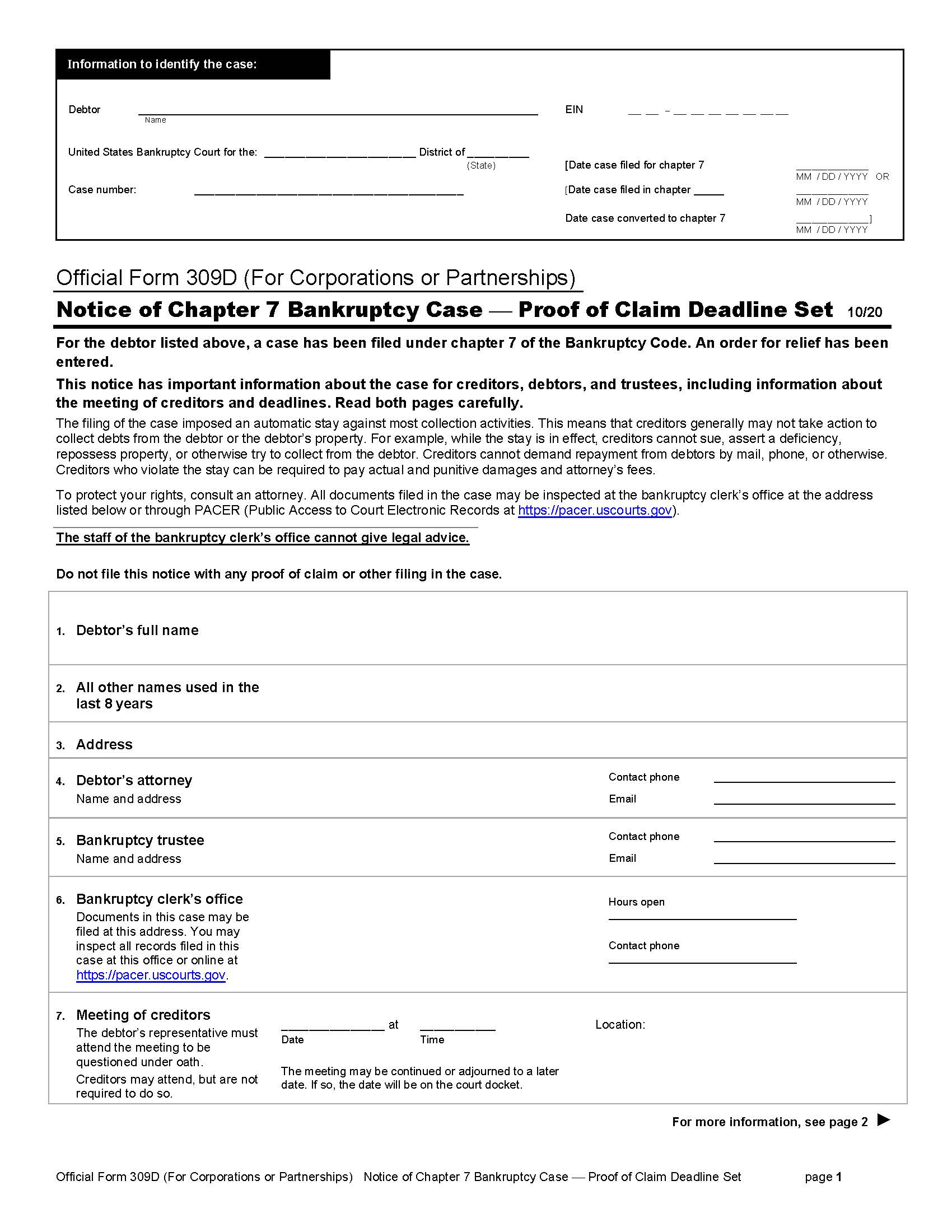 Notice Of Chapter 7 Bankruptcy Case-Proof Of Claim Deadline Set {B309D} | Pdf Fpdf Doc Docx | Official Federal Forms