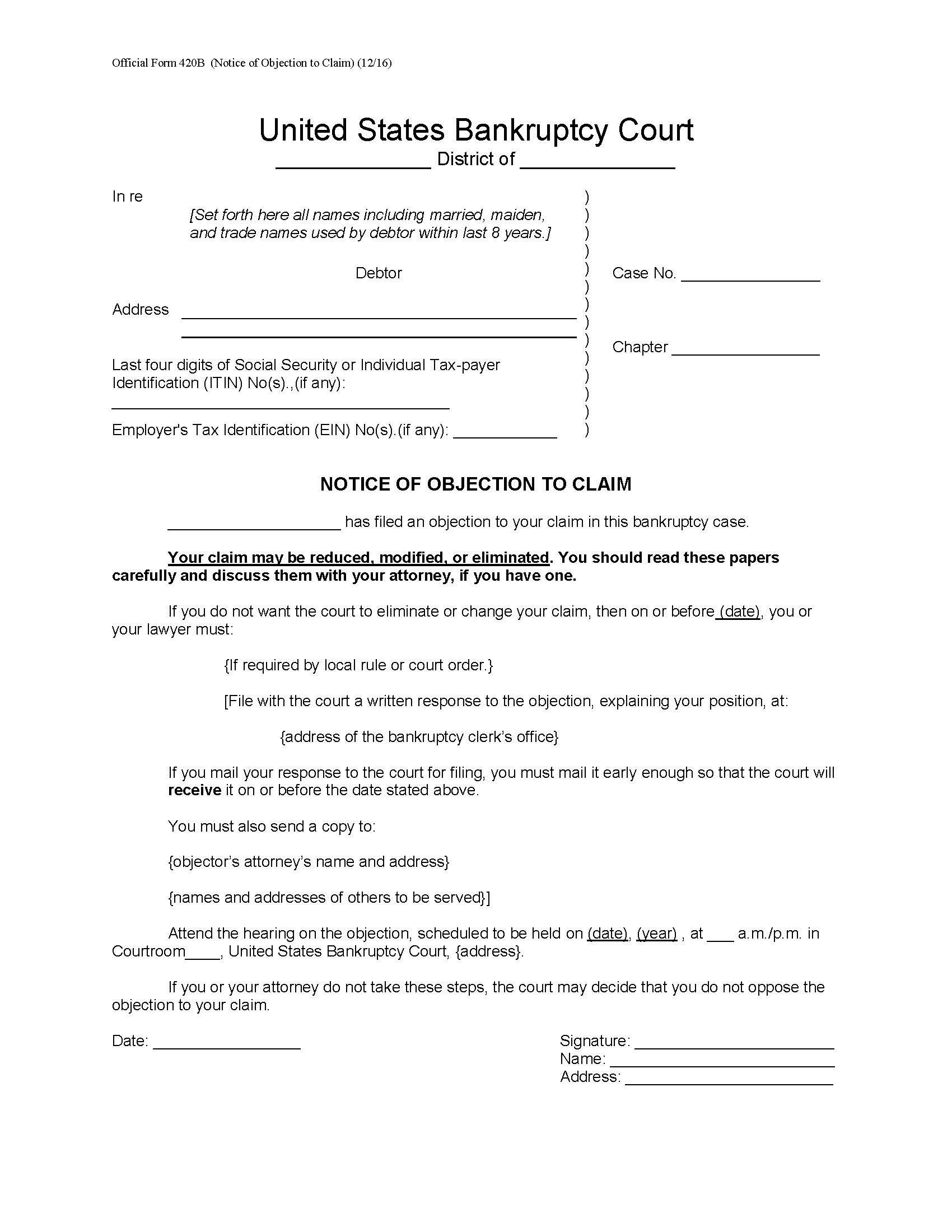 Notice Of Objection To Claim {B420B} | Pdf Fpdf Doc Docx | Official Federal Forms