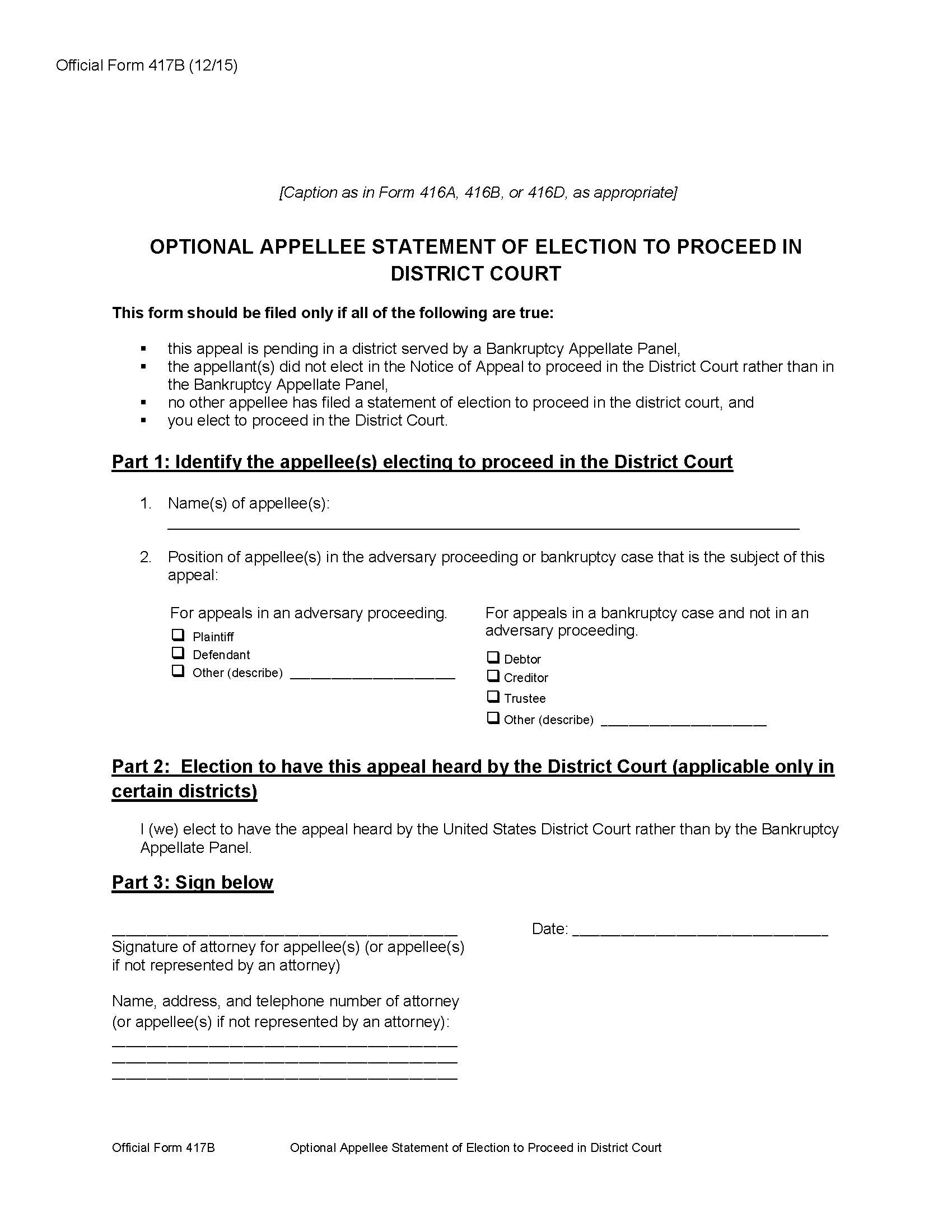 Optional Appellee Statement Of Election To Proceed In District Court {B417B} | Pdf Fpdf Doc Docx | Official Federal Forms