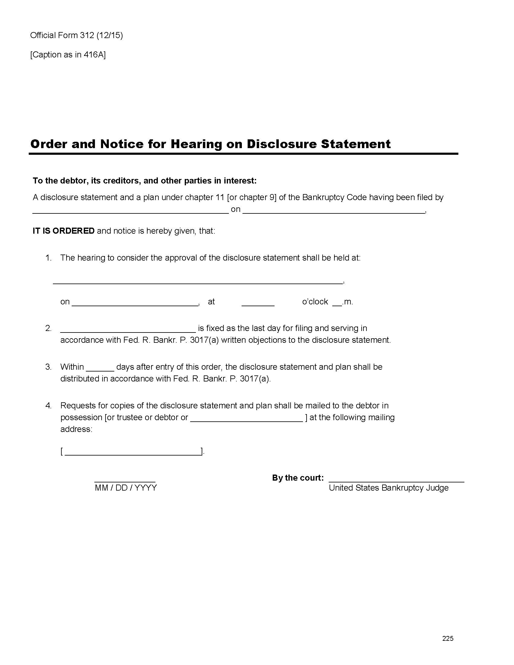 Order And Notice For Hearing On Disclosure Statement {B312} | Pdf Fpdf Doc Docx | Official Federal Forms