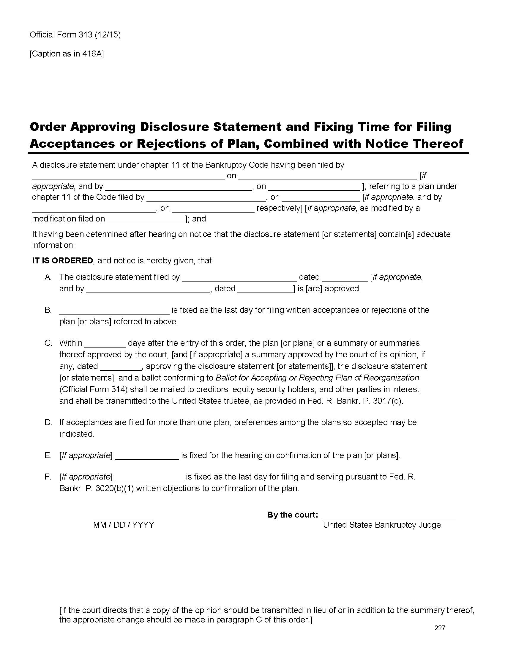 Order Approving Disclosure Statement And Fixing Time For Filing Acceptances {B313} | Pdf Fpdf Doc Docx | Official Federal Forms